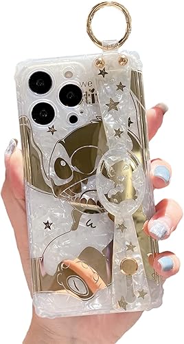Funda de dibujos animados para iPhone 13 Pro de 61 pulgadas bonita cubierta dorada brillante correa de muñeca de poliuretano termoplástico suave a