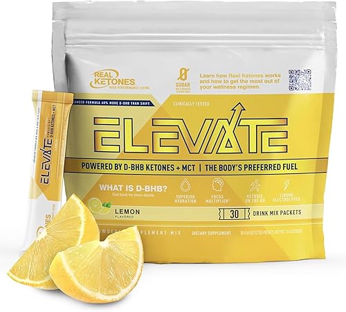 Elevate Ketone Electrolytes + D BHB + MCT Drink Mix Keto Powder, Lemon Twist para hidratación y cetosis rápida (30 porciones)
