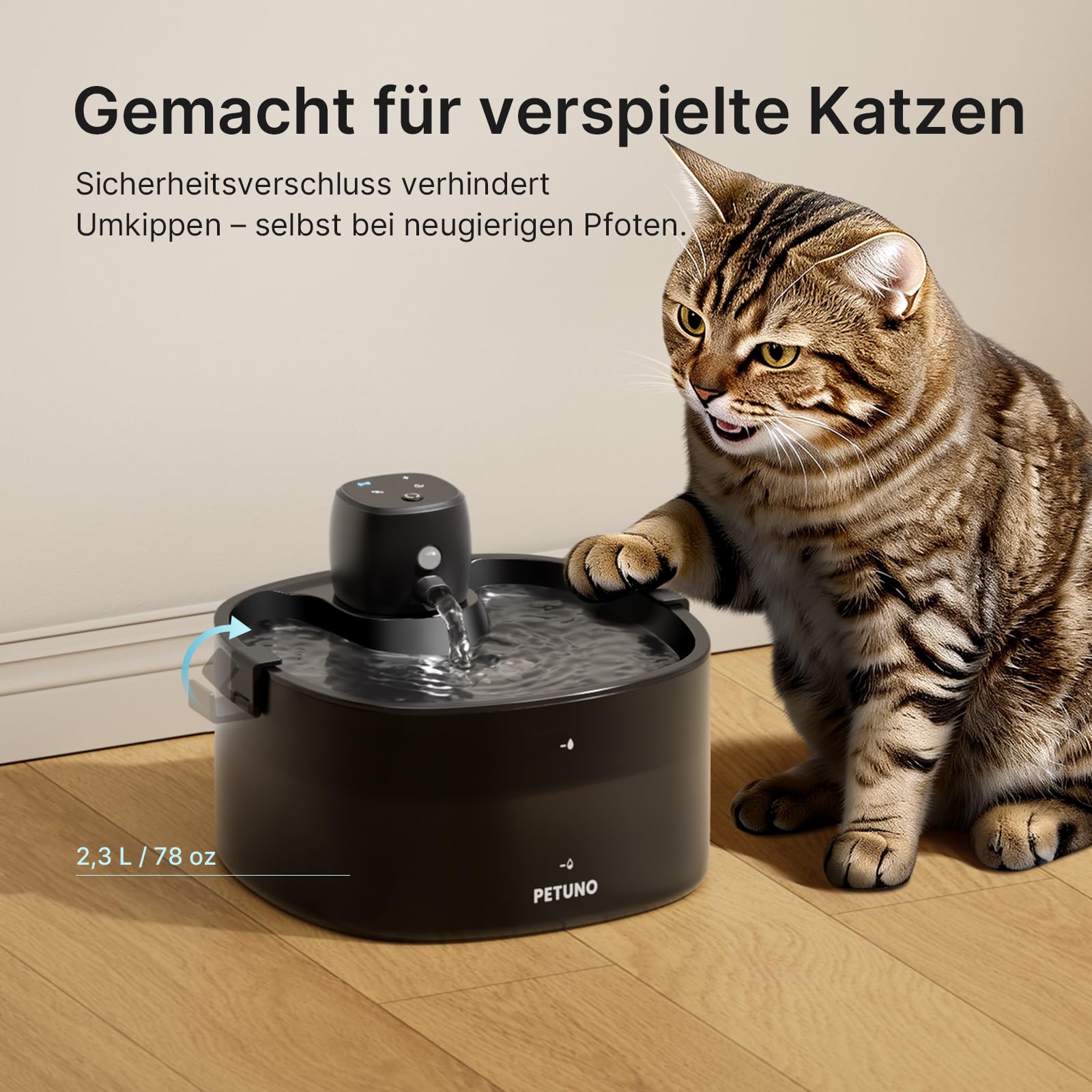 2,3L Katzenbrunnen Kabellos Batteriebetrieben, Schwarz | 4000mAh-Akku, Bewegungsmelder, Ultraleise Pumpe, Verriegelbarer Deckel, Automatischer Trinkbrunnen für Katzen