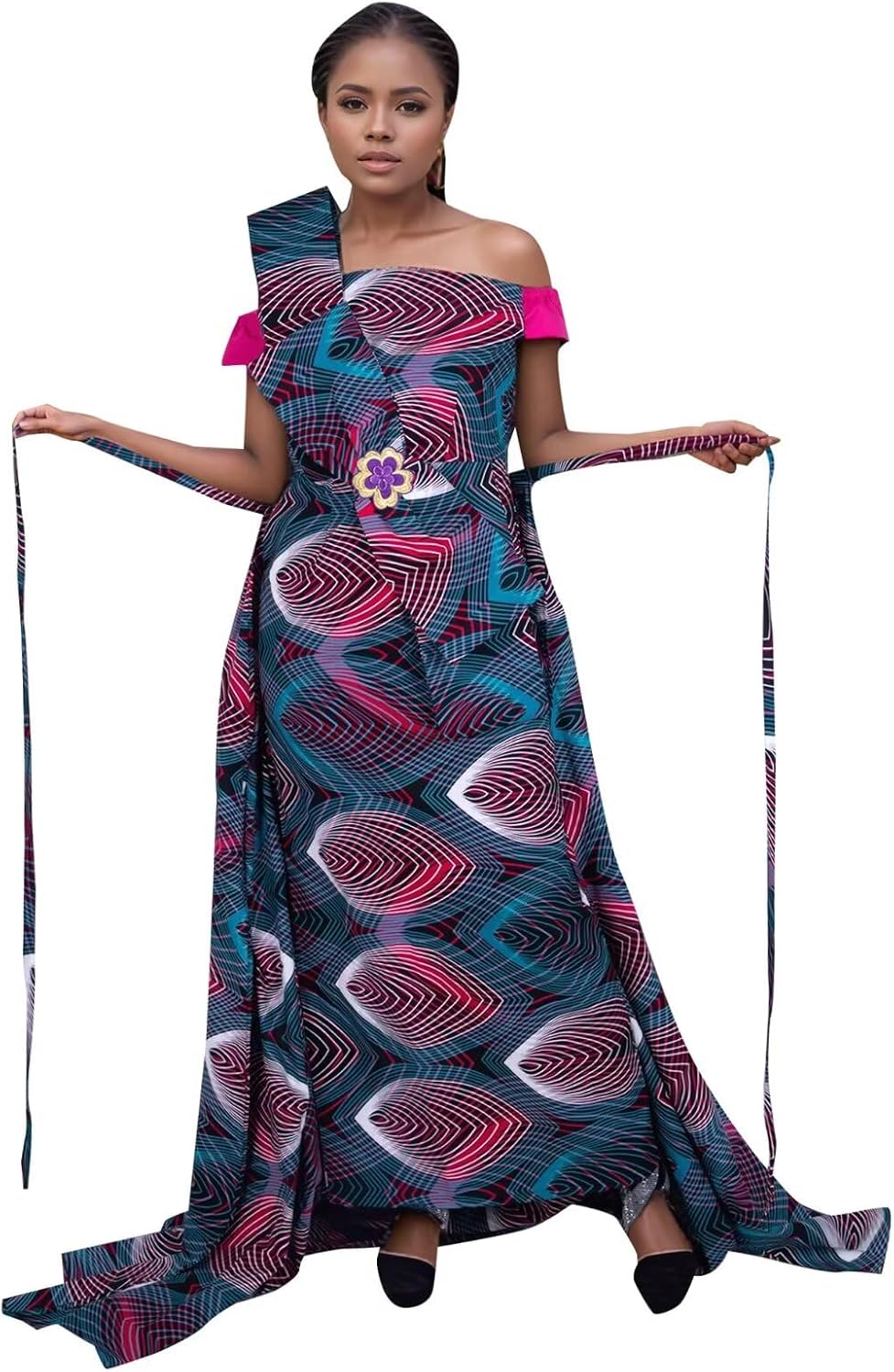 ABCWAX Women's African Kente Print One Shoulder Maxi Dress with Bow Detail Elegant Women's Gown
