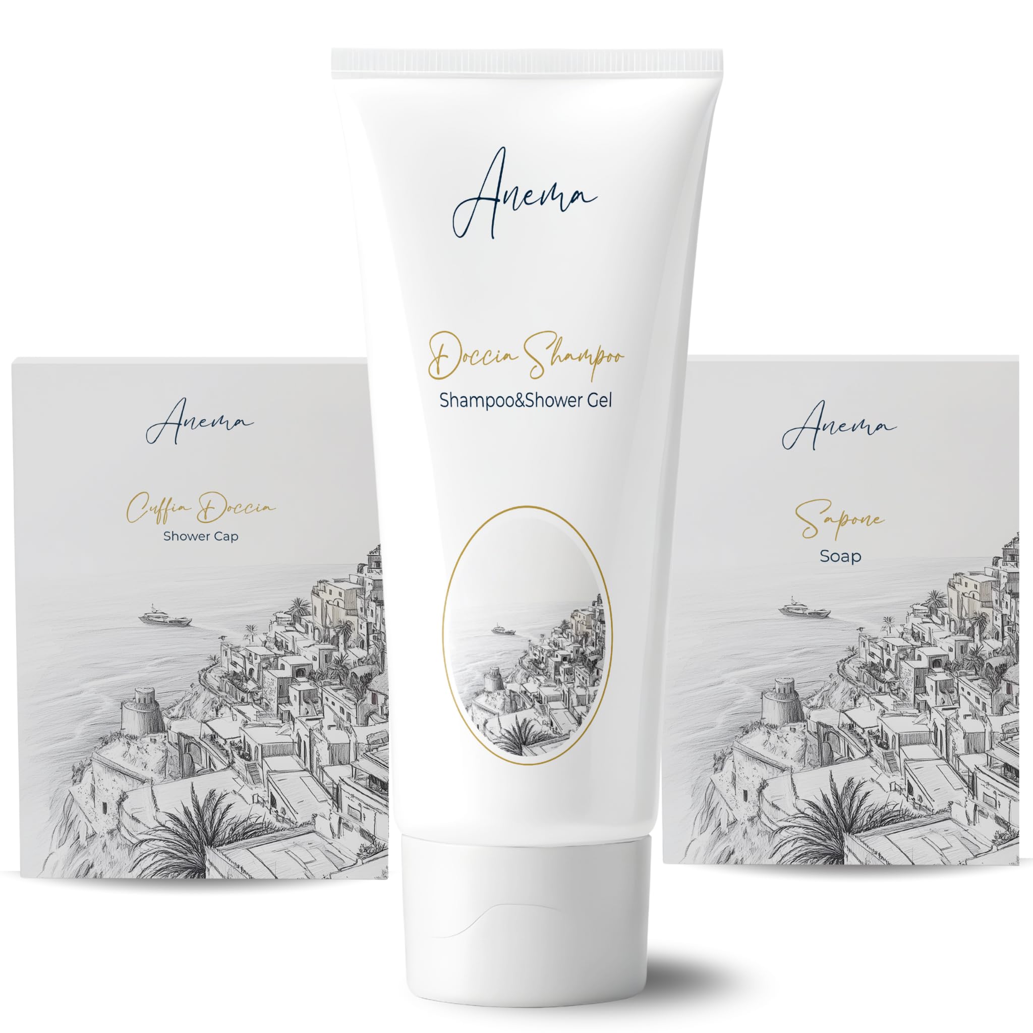 Kit Cortesia B&B Hotel Albergo Bagno Monouso 150 pezzi 100x Doccia Shampoo 30ml, 25x Sapone Tondo 15g in Astuccio, 25x Cuffie Doccia in Astuccio