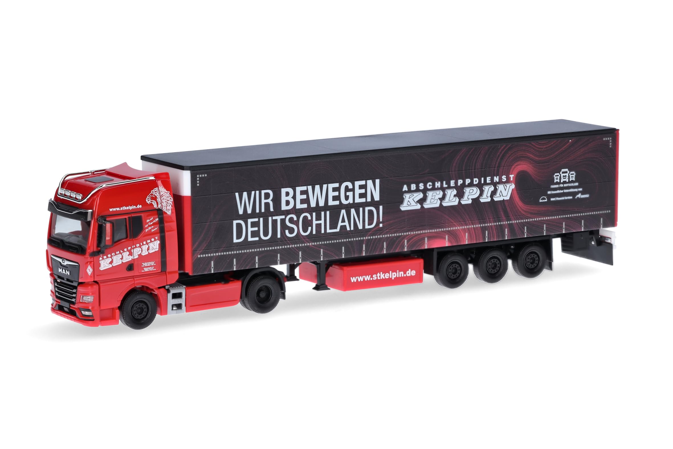 Herpa Truck Model Man TGX GX Curtain Tarpaulin Saddle Trailer Kelpin/Wir bewegen Deutschland (Saxony/Geilsdorf), Miniature in Scale 1:87, Collectible, Made in Germany, Plastic
