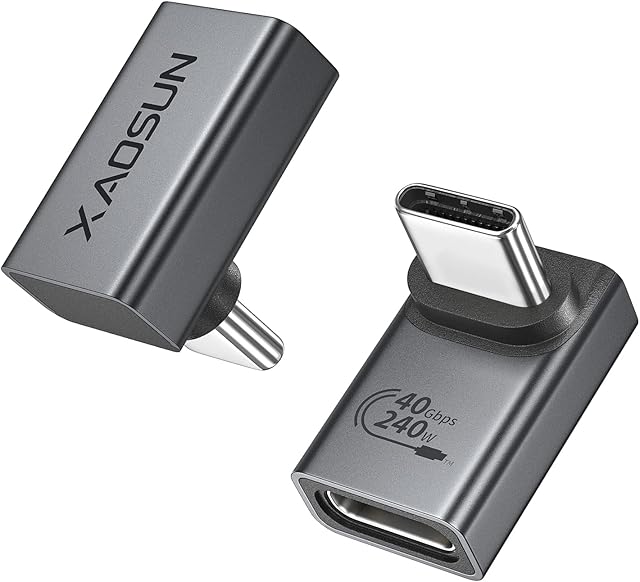 XAOSUN 240 W 90 stopni kątowy adapter USB C, 90 stopni USB-C męski na USB-C żeński adapter 2-pak, złącze USB 4 90 stopni typu C 240 W do Steam Deck, przełącznika, doku, MacBooka, tabletu i telefonu