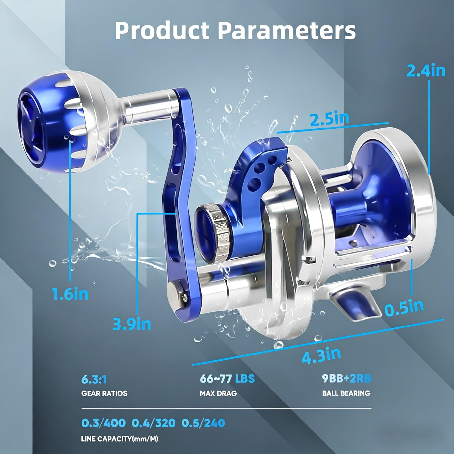 66-77lbs Jigging Reel, 6.3:1 9BB+2RB Conventional Reel, CNC All Aircraft Aluminum Left and Right Hand Saltwater Fishing Reel (Blue, 66lb-300, Right Hand)
