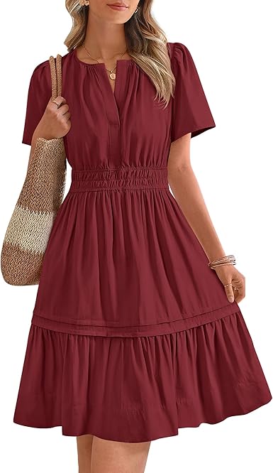 BTFBM Women's Casual Dresses 2025 Summer Spring V Neck Short Sleeve Sundress Smocked Waist A Line Tiered Mini Dress