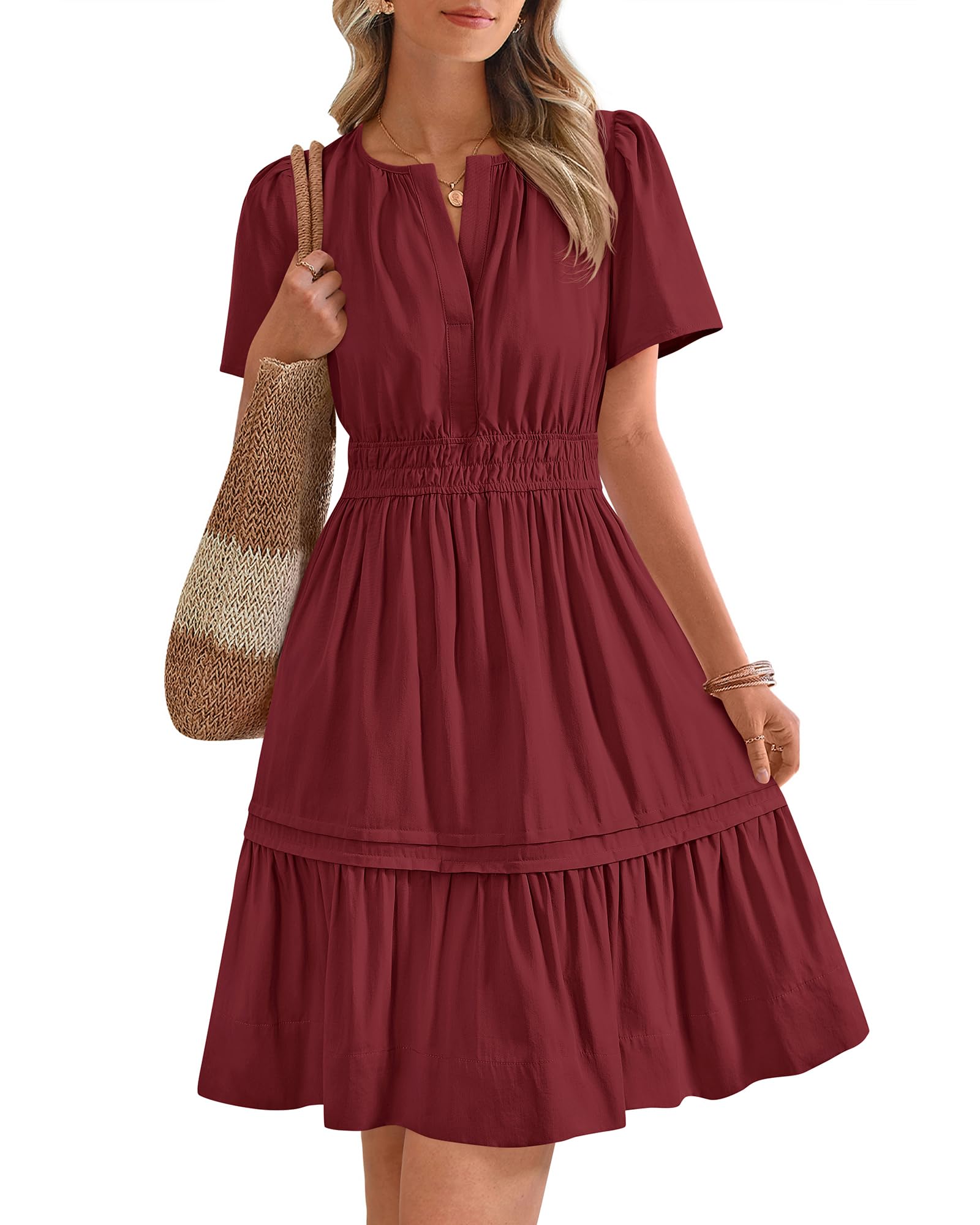 BTFBM Women's Casual Dresses 2025 Summer Spring V Neck Short Sleeve Sundress Smocked Waist A Line Tiered Mini Dress