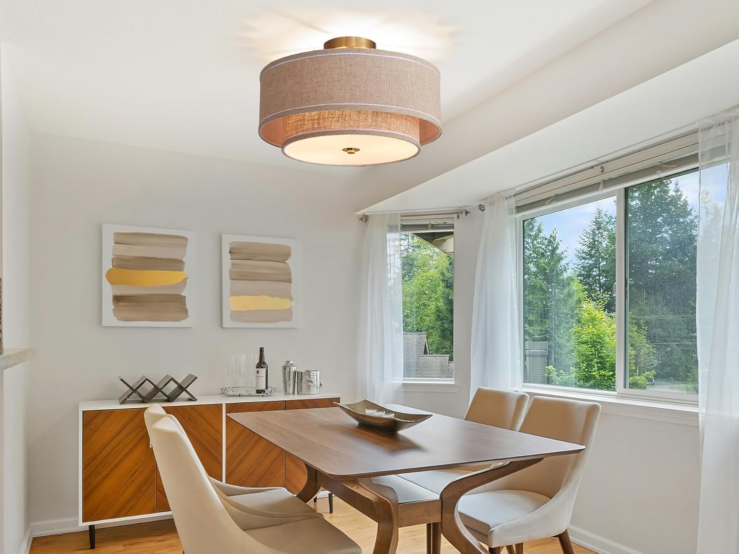 Shrine Lighting Double Drum Ceiling Light, Perfect Drum Light Fixture for Dining Room, D16'' x H7'', E12*3 Sockets, Beige Linen Fabric Lampshade & Gold Rod