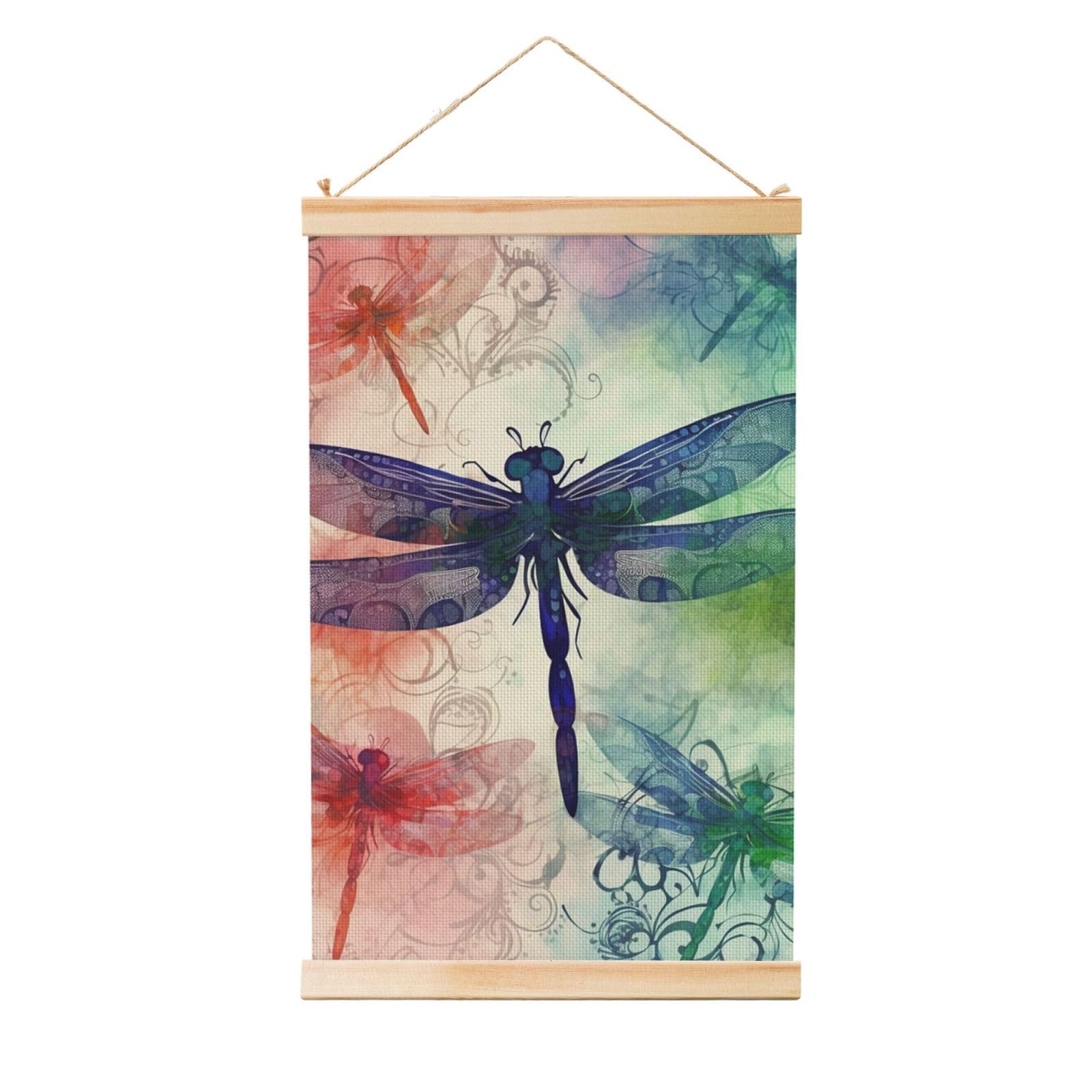 Modern dragonfly Poster Wooden Shaft Hanging Poster Wall Hanging Banner Canvas Artwork with Wood Frames 12"x18" Modern Artwork Decor Ready to Hang Wall Art for Home Decor Scroll Painting