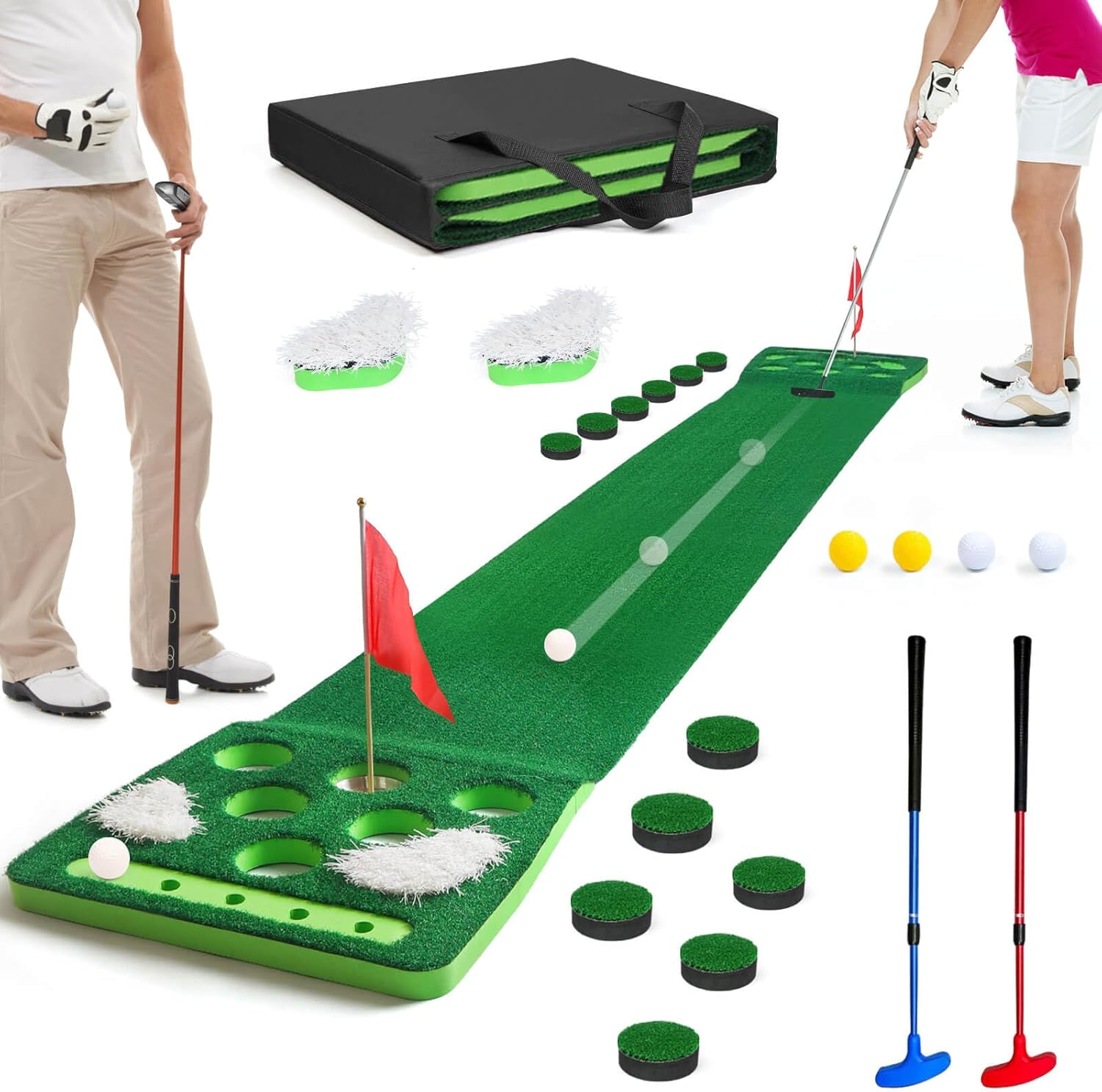 Golf Putting Game Set, Detachable Golf Putting Green Mat with 4 Balls, 2 Cups & Flags, 1 Portable Bag for Indoor & Outdoor Party Game Use Green with Putter