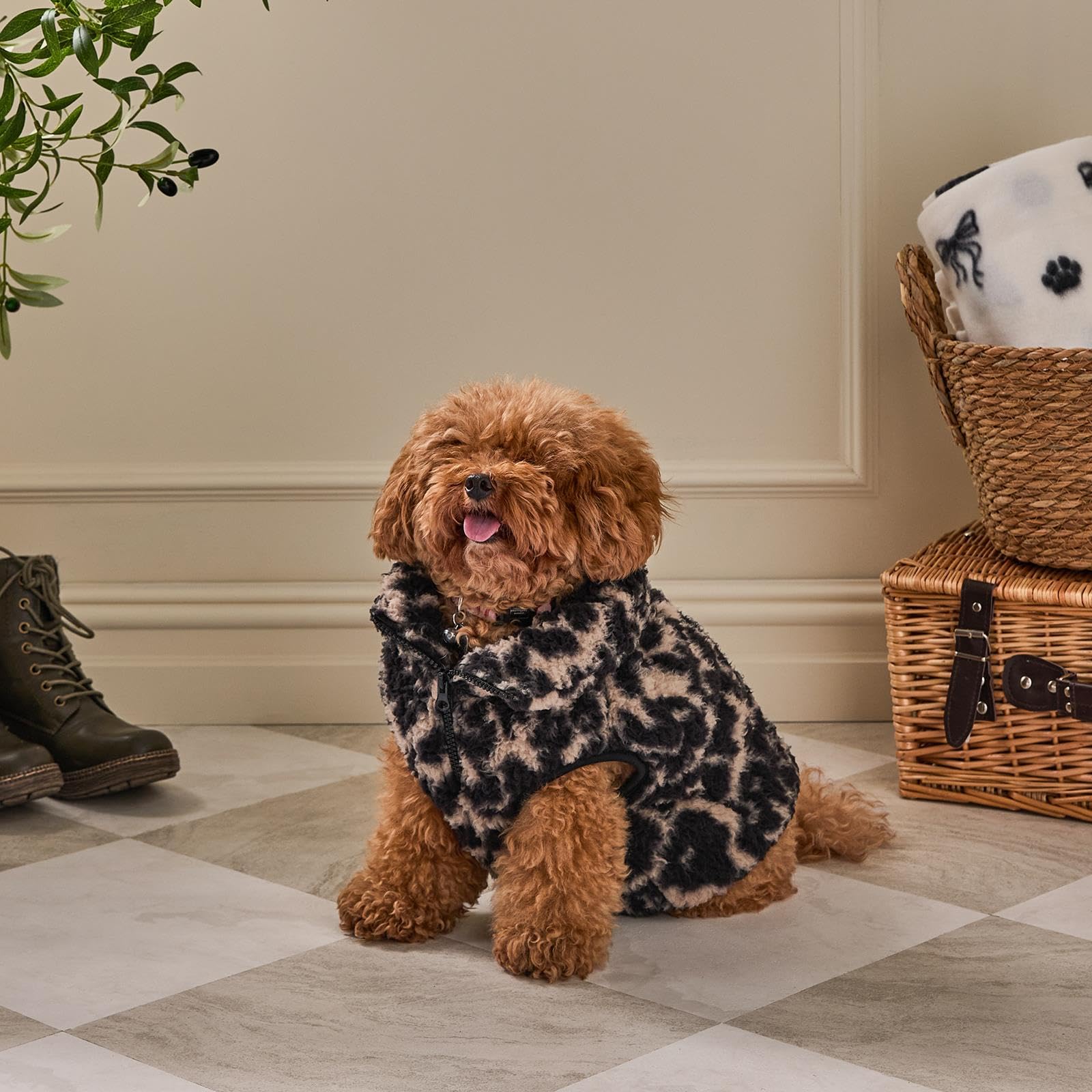 OHS Leopard Print Dog Sweater Teddy Fleece Top Dog Jacket Half Zip Small