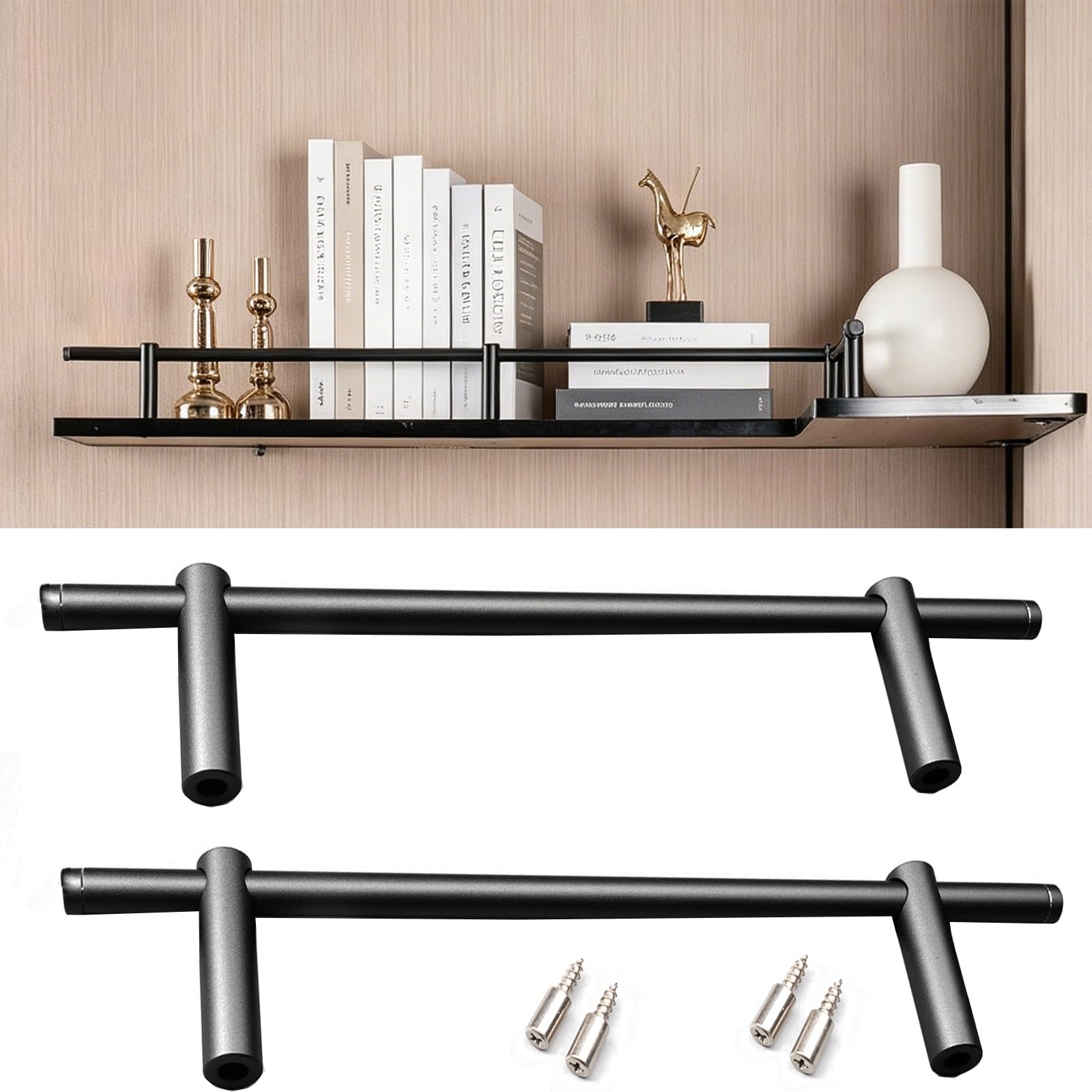 Errulan Black Anti-Fall Cabinet Metal Guardrail Bars, Gallery Rails For Shelves Kit, Aluminum Round Tube Barrier Decorative Rod Guard Fence For Kitchen Bathroom(,64Cm/25.2In)