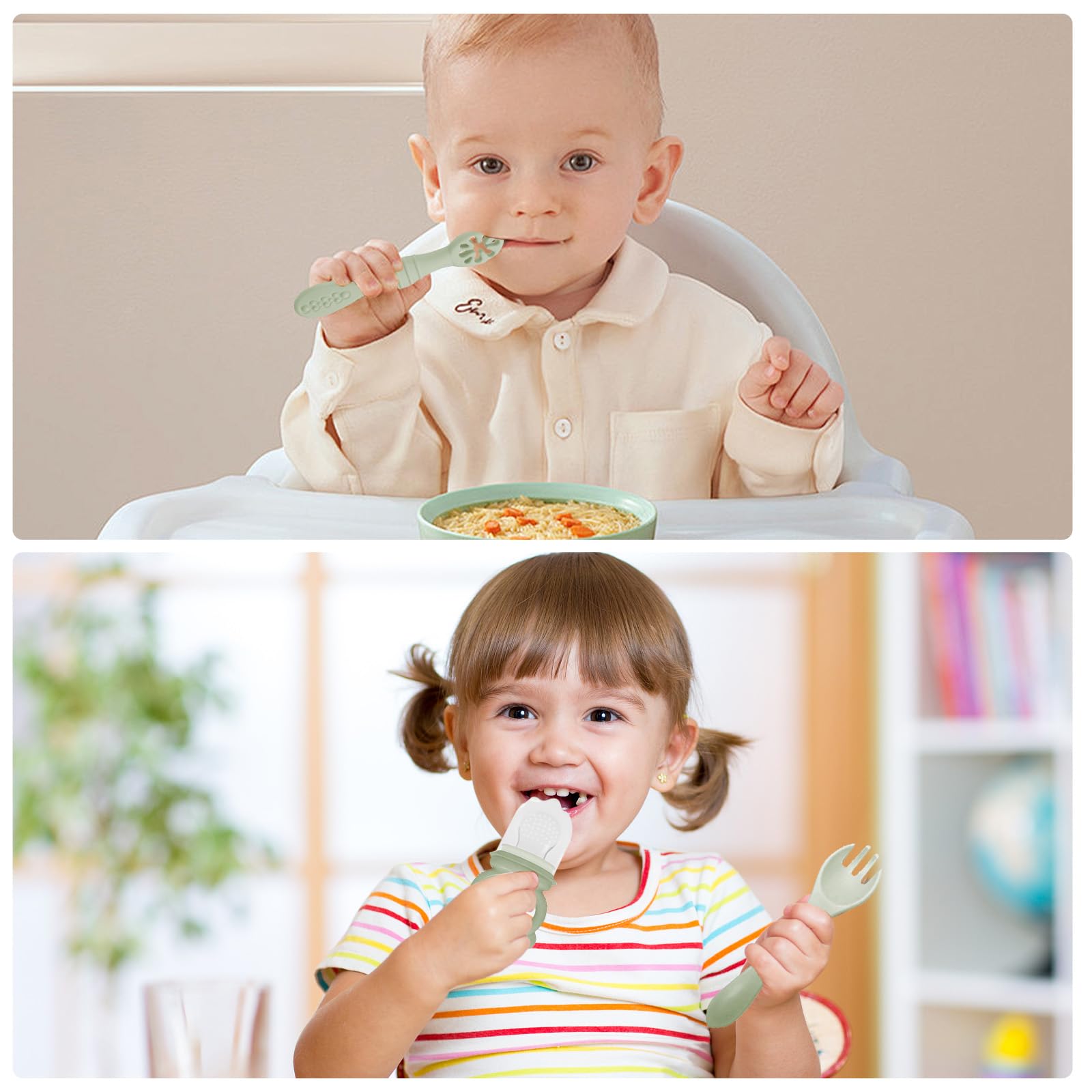 Vajilla Bebe Silicona, 12 Piezas Juegos de Vajilla Bebe Antideslizante con Platos Cuenco Babero Cuchara Bebe Taza, Cubiertos Bebe, Baby Led Weaning, Sin BPA, Cubiertos Infantiles (Verde)