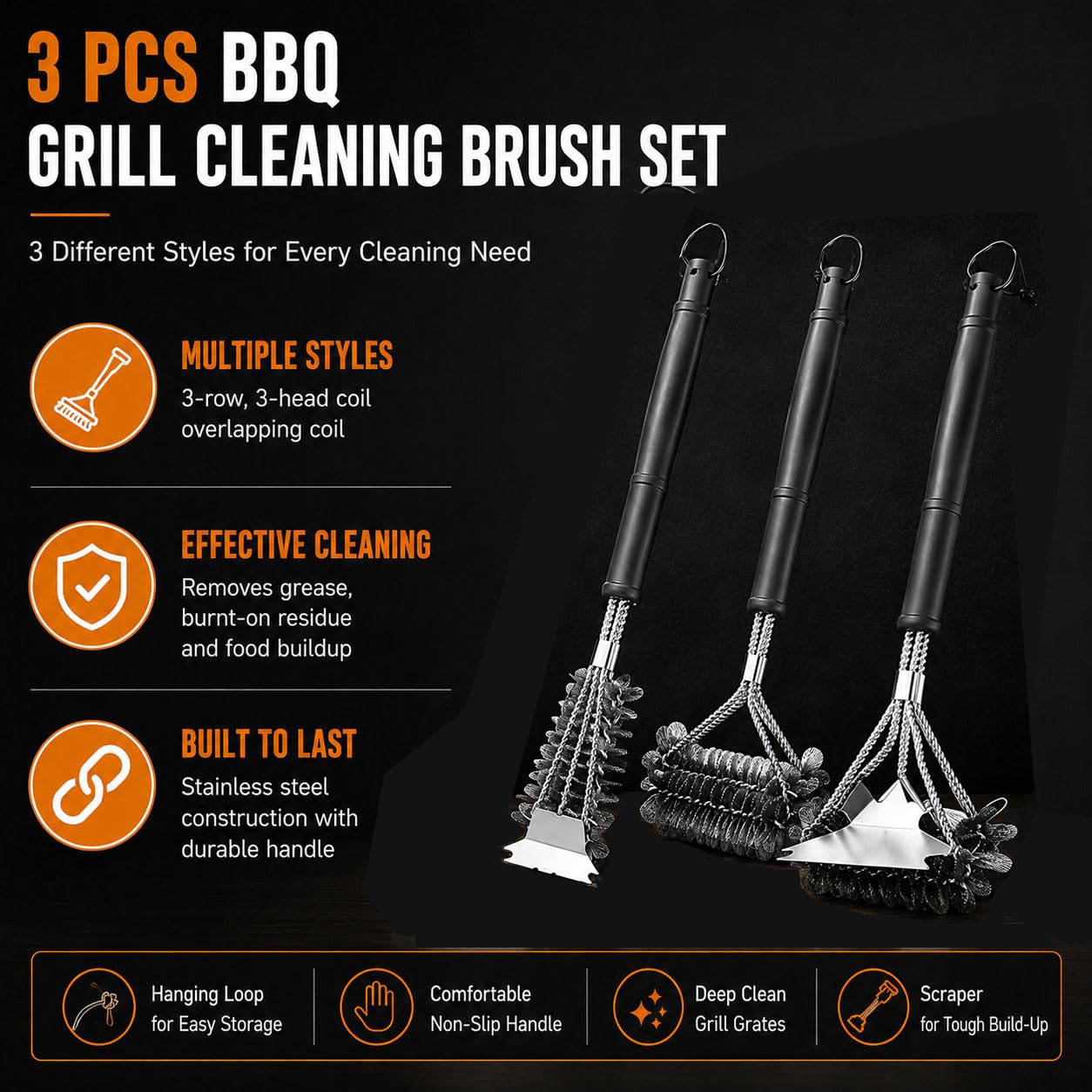 3PCS Cepillo Barbacoa Limpieza para Royal Gourmet Gas Grill and Pizza Oven | 17.3"Cepillo de 3 Cabezales en Espiral con Raspador 16.4"Cepillo con Espirales Superpuestas 17.5"Cepillo 3 Filas con Raspador