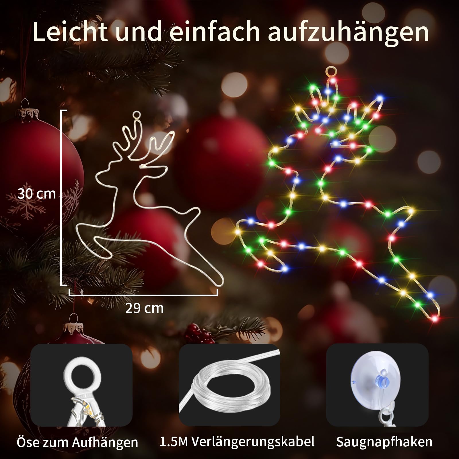 Catena luminosa illuminata con renna decorativa natalizia, 2 pezzi 80 LED, funzionamento a batteria, illuminazione natalizia per finestra con timer, 8 modalità, luci natalizie, decorazione per