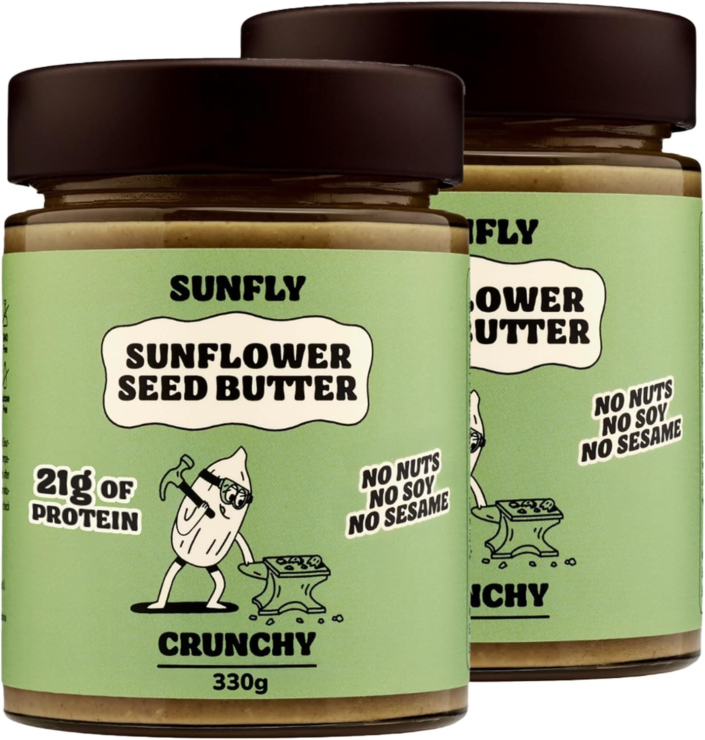 SUNFLY Crunchy Sunflower Seed Butter – Nut-Free, Vegan, High-Protein Spread - Top 14 Allergen-Free, No Palm Oil, No Soy, Plant-Based Peanut Butter Alternative - With Vitamins & Minerals - 2x330g Jars