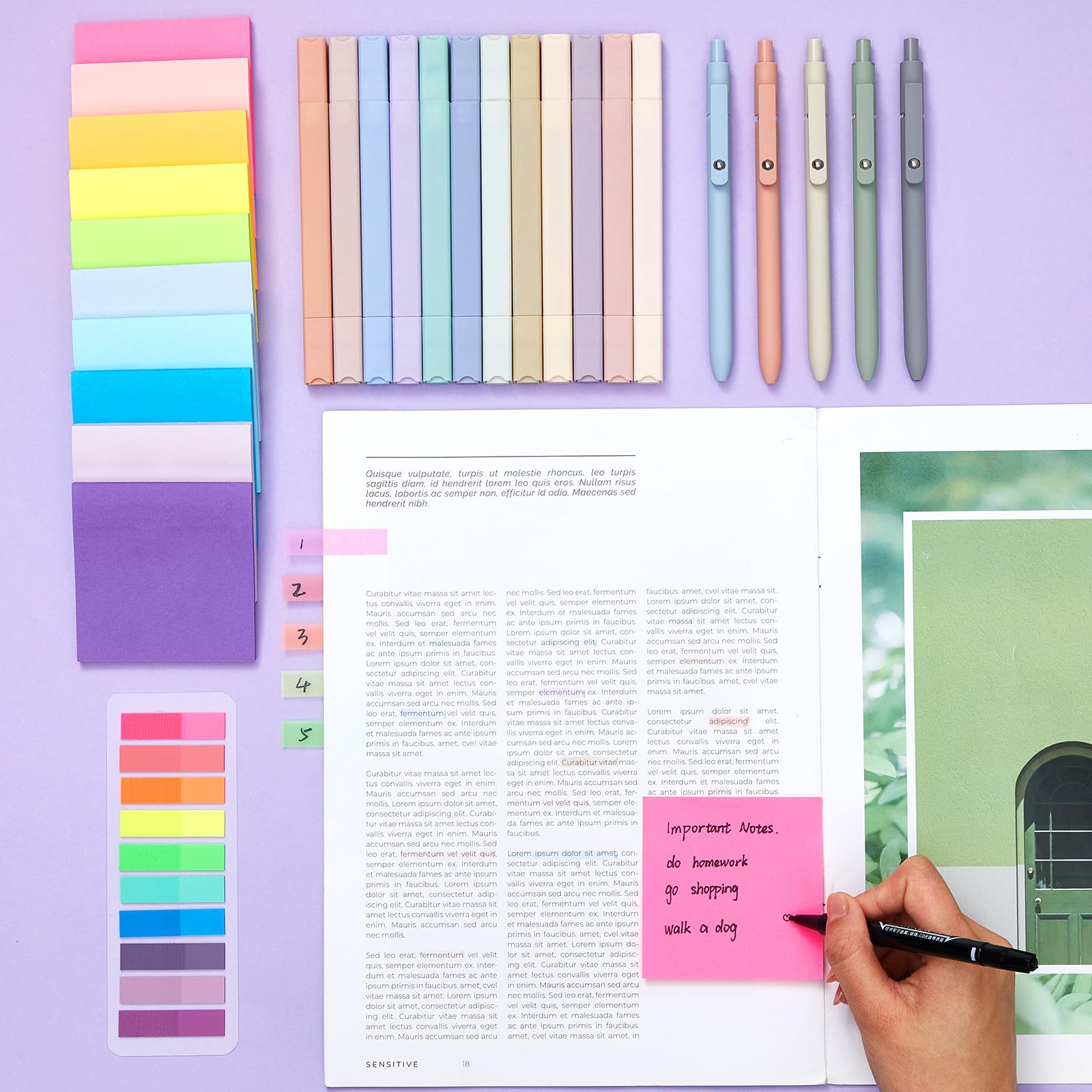 Jutom Set di 29 evidenziatori estetici per libri, evidenziatori in gel, trasparenti, con linguette adesive, evidenziatori a doppia estremità, ad asciugatura rapida, per ufficio, scuola, annotazioni