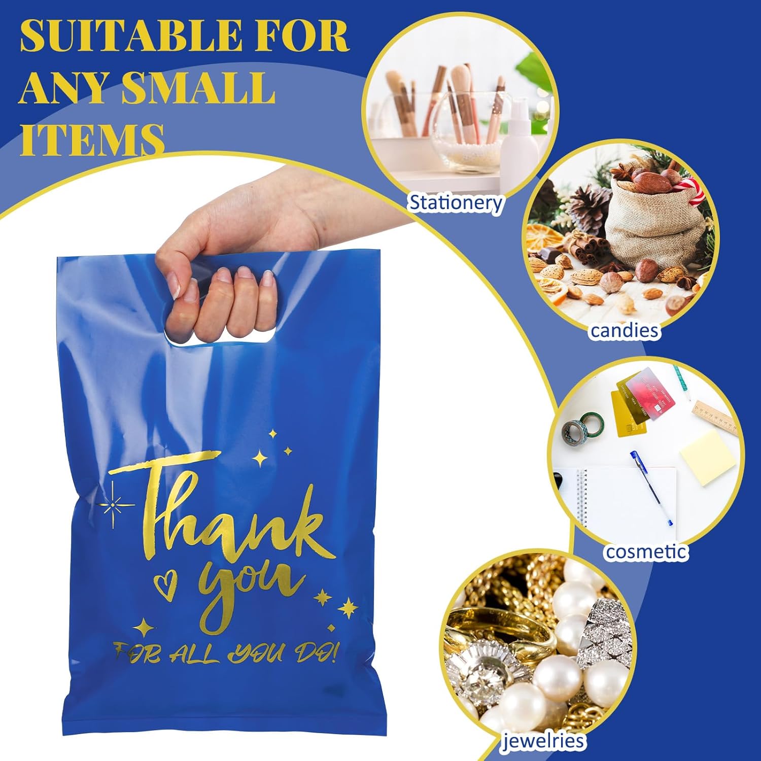 Epakh 200 Pcs Employee Appreciation Day Party Supply Thank You Gift Bags Bulk Employee Appreciation Goodie Bags with Handle Plastic Party Favors for Team Staff Coworker Nurse Teacher Blue Goody Wrap - Image 3