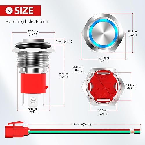 Miniatura 8 de Joinfworld Latching Push Button Switch 12V 20A Heavy Duty DC 12 Volt Waterproof Round Switch 19MM Metal Blue LED Ring Illuminated ONOff Weatherproof