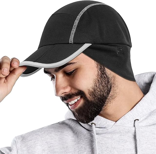 GADIEMKENSD Fleece Baseball Cap with Drop Down Ear Warmer, Foldable Reflective Winter Run Hat Unisex