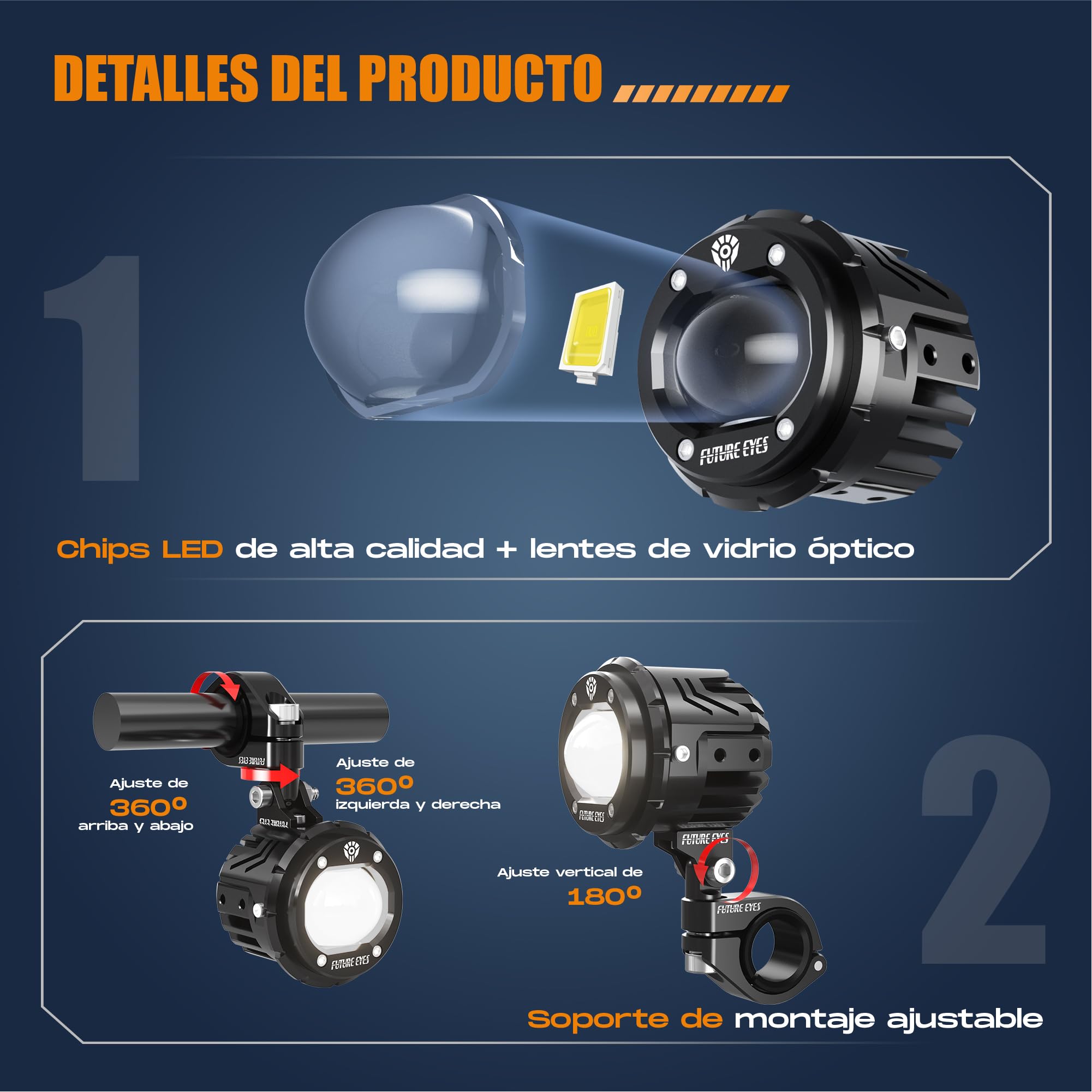 Future Eyes Faros Antiniebla LED para Moto, Foco Auxiliar de 60W con Giro de 360°, Luz Larga/Luz Corta, Luces Impermeables para Conducción Nocturna, ATV, UTV y Faros de Motocicleta