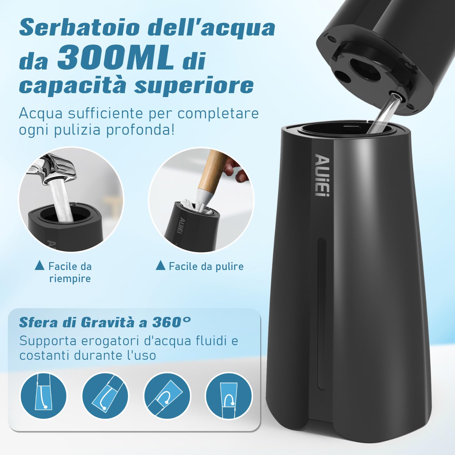 AUIEI Idropulsore dentale senza fili, irrigatore orale con 5 modalità e 8 ugelli, water flosser elettrico impermeabile IPX7 con serbatoio da 300 ml per casa e viaggio (Nero)