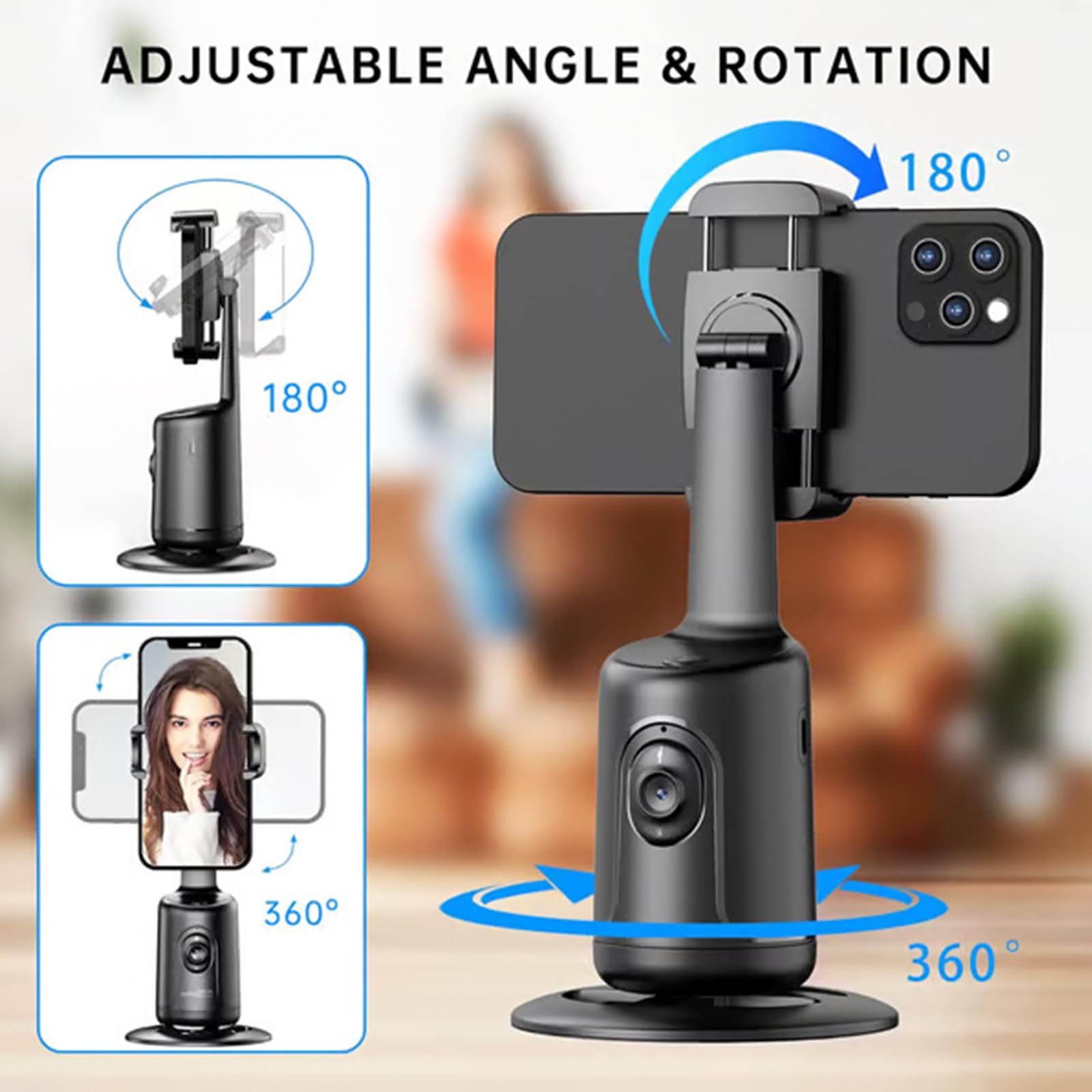 Smart AI Facial Recognition Phone Tripod, Auto Face Tracking & 360° Rotating Tripods Selfie Stick, Smart Tracking Gimbal Tripod with Remote for Video Recording Vlogging Selfie (Black)