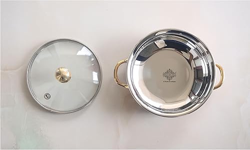 Miniatura 4 de IndianArtVilla - Cuenco de acero y cobre con mango de latón y tapa de vidrio, sirve platos indios, 10 onzas