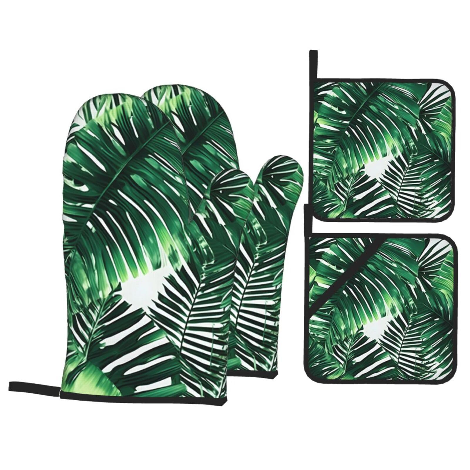 Tropical Palm Banana Leaves Print 4-Piece Oven Microwaving Set Waterproof Kitchen Gloves for Baking Grilling Cooking