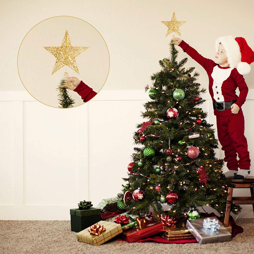 Dadabig Christmas Tree Topper - 10 Inch Gold Metal Hollow-out Star Topper for Home Party - Image 2