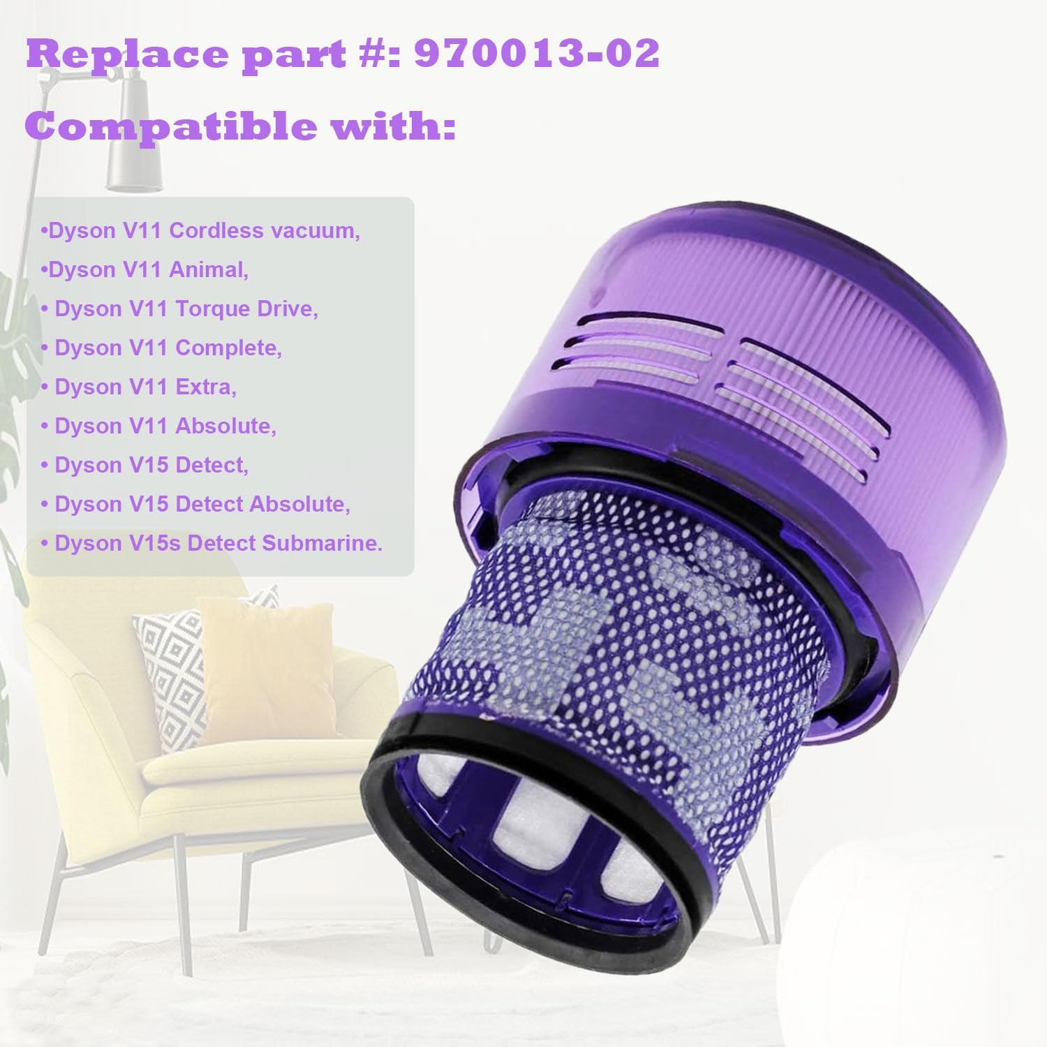 3 Pack V11 V15 Filters Replacement for V11 Torque Drive V11 Animal V11 Complete V11 Extra V15 Detect Cordless Vacuum Cleaner, Replace Part # 970013-02