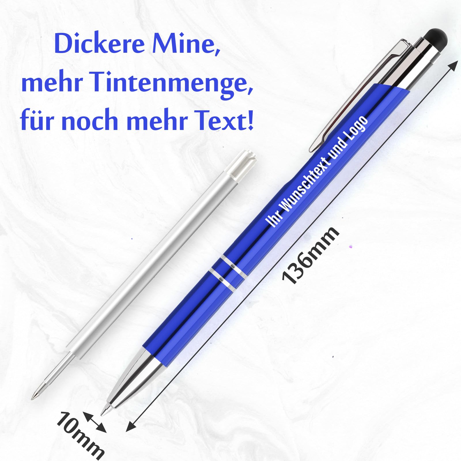 100er Personalisierter Kugelschreiber mit Gravur, 2in1 Hochwertiger Metall-Kugelschreiber mit Touchpen, Werbegeschenk für Unternehmen, Geschenk für Studenten Lehrer Kollegen, Blau Tinte