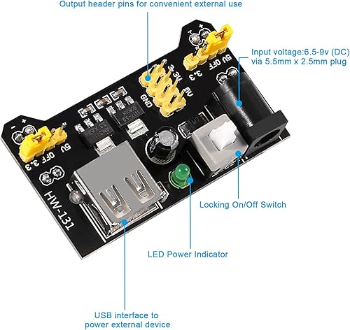 Miniatura 3 de Kit divertido de componentes electrónicos con módulo de fuente de alimentación, kit de cables de puente, tabla de pan de 400 puntos de amarre,