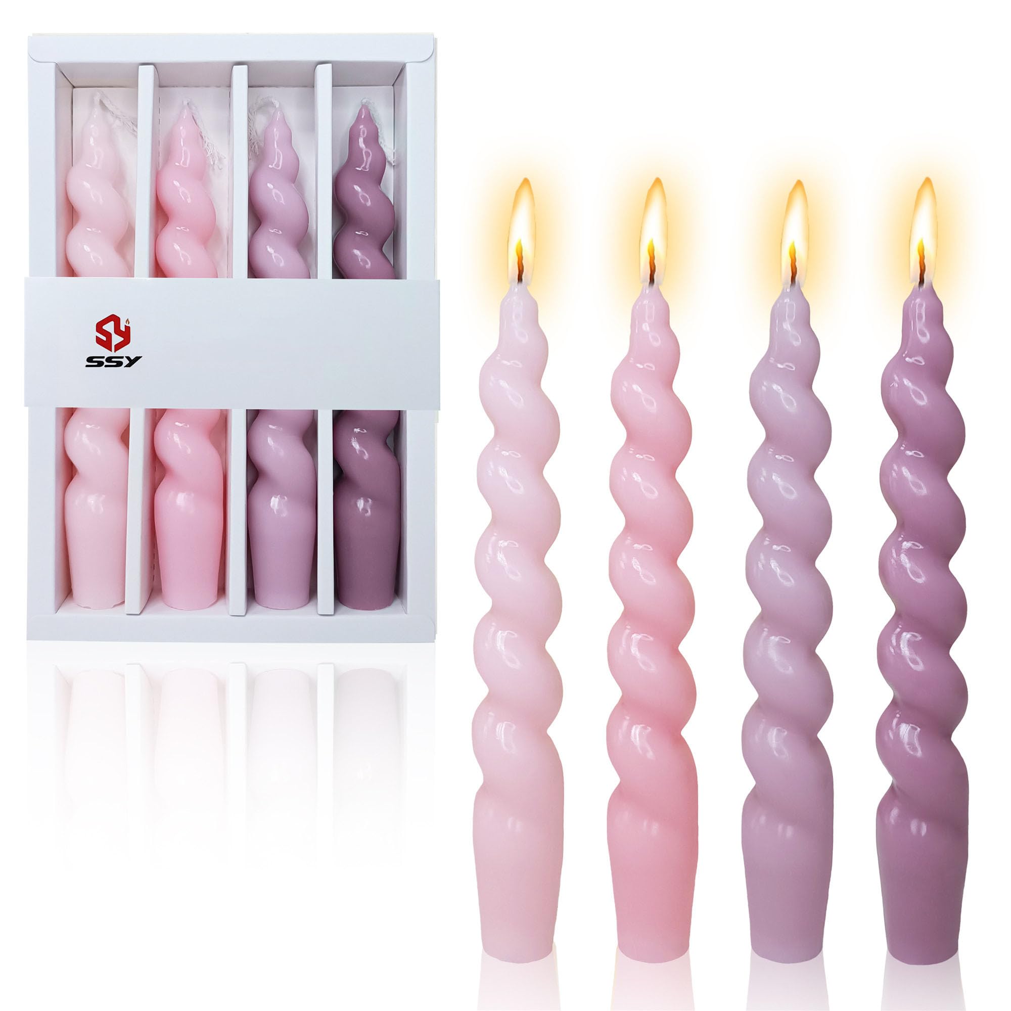 XINAOBAOLUO Handmade Spiral Taper Candles - Gradient Color Twisted Candlesticks for Home Decor Dinner Wedding - Set of 4 (#2 Pink Set)