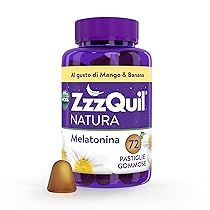 ZzzQuil Natura Melatonina Integratore per Dormire, Gusto Mango e Banana, Con Valeriana, Camomilla, Vitamina B6 e Estratti alle Erbe, 72 Gommose