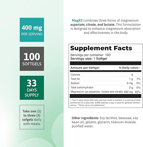 Miniatura 5 de Nutra Mag X3 Complejo Triple Magnesio 400 mg - Alivio del estrés súper tranquilo y reductor de cortisol, citrato de magnesio, aspartato y lactato