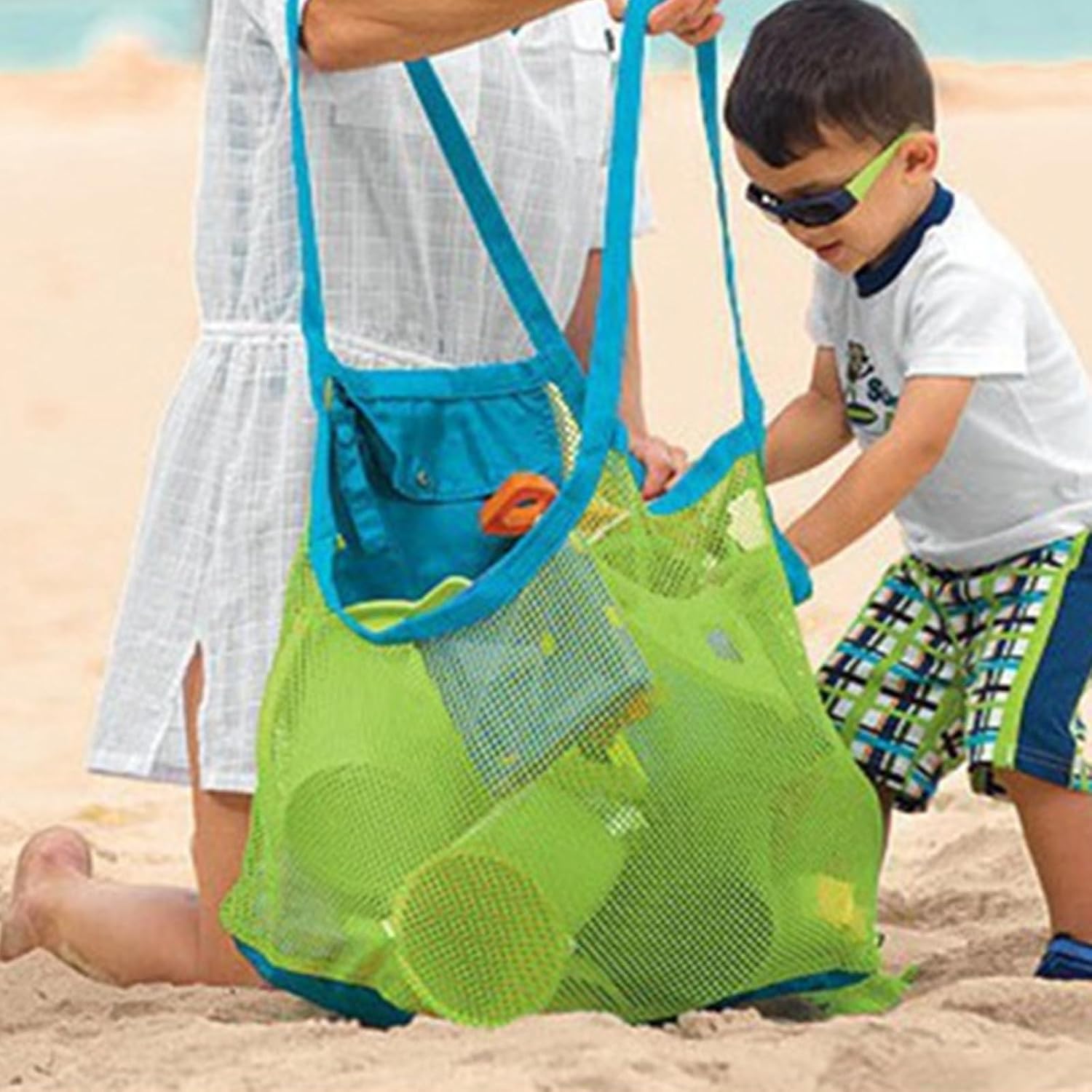 Colorful Mesh Beach Bags Seashell Bag for Kids, Portable & Foldable Sea Shell Bag with Adjustable Carrying Straps, Shell Collecting Bags for Outdoor Beach Activities Adventures image 2