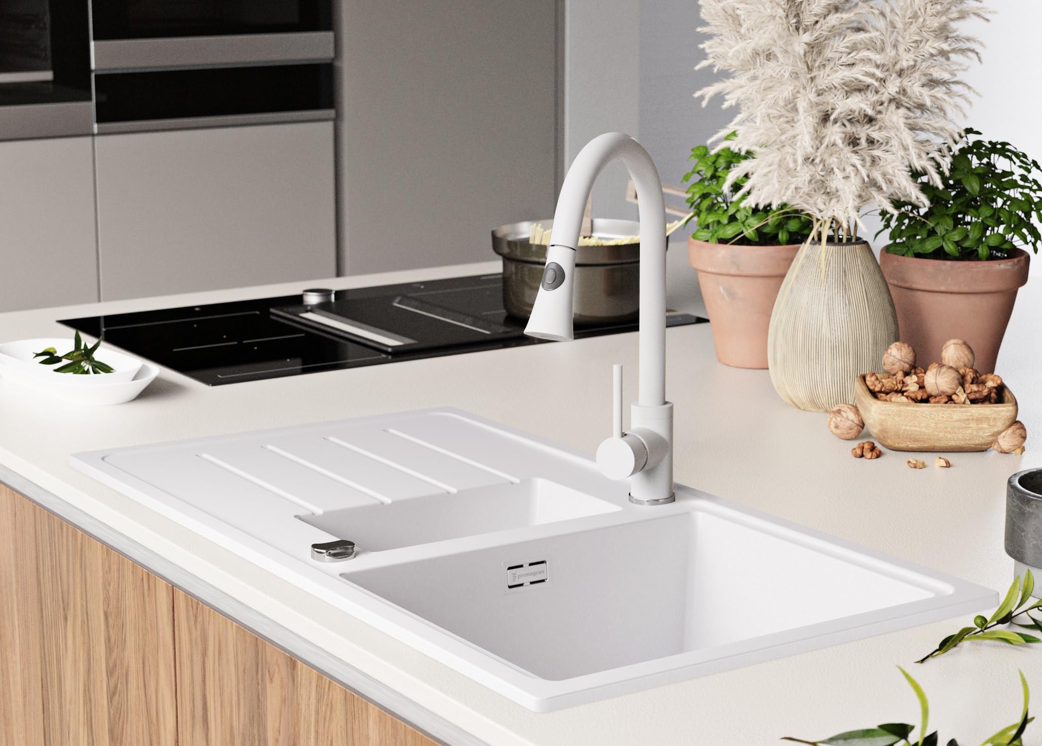 PRIMAGRAN Fregadero Granito Todo Blanco 90x50cm, Cocina 1,5 Senos + Grifo 40x20cm + Sifón, Sobre Encimera al Mueble 60cm - Copenhague Duo S022