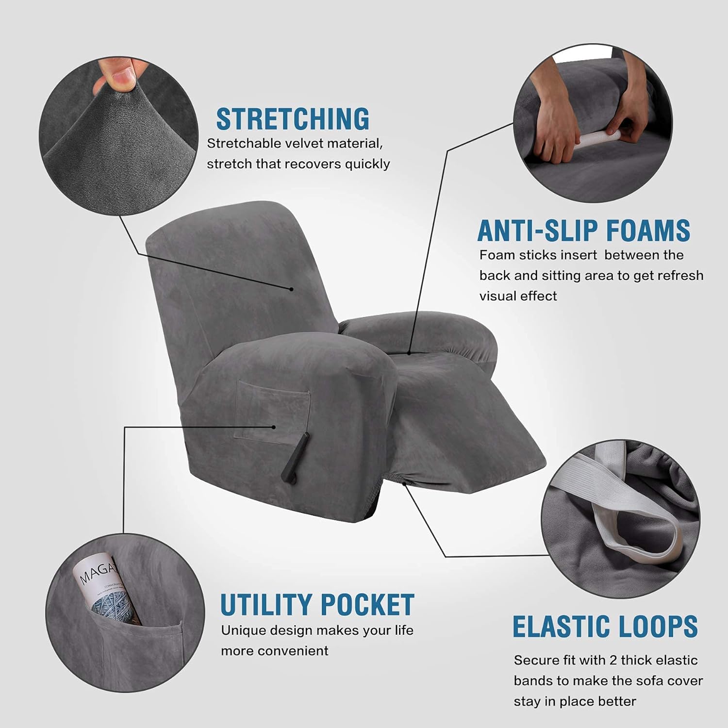 H.VERSAILTEX 1-Piece Velvet Recliner Cover Bundle Velvet Office Chair Cover, Grey