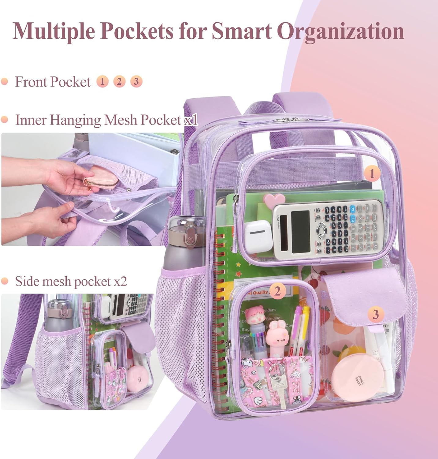 PACKISM Clear Backpack for School - 17 Inch Large Heavy Duty Clear Bookbag 3 Front Pockets for Boys Girls Students (Age 12+) - Image 4