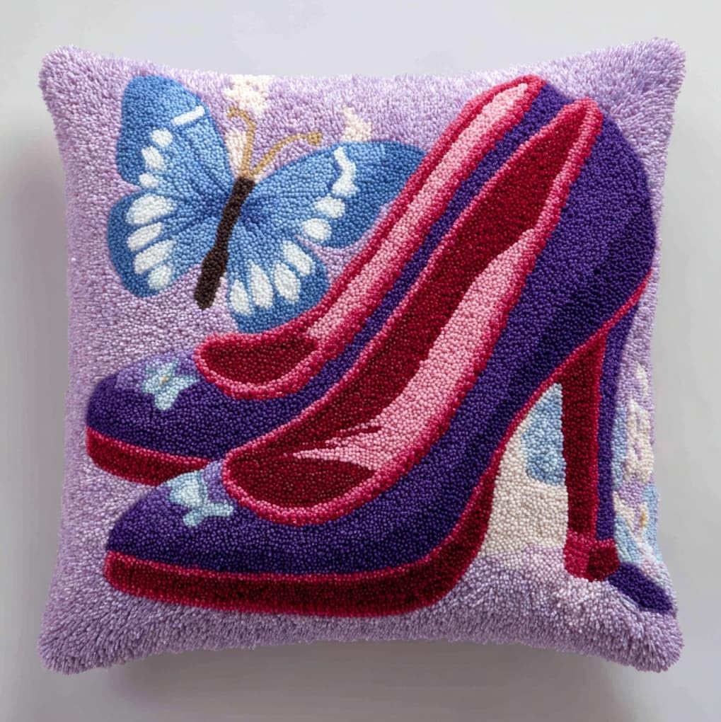 Wallustrioaw Latch Hook Cushion Kit,Butterflies And High Heels,Diy Rug Cushion Kit - Latch Hook Pillow For Beginners - Christmas Craft Activity,17X17in