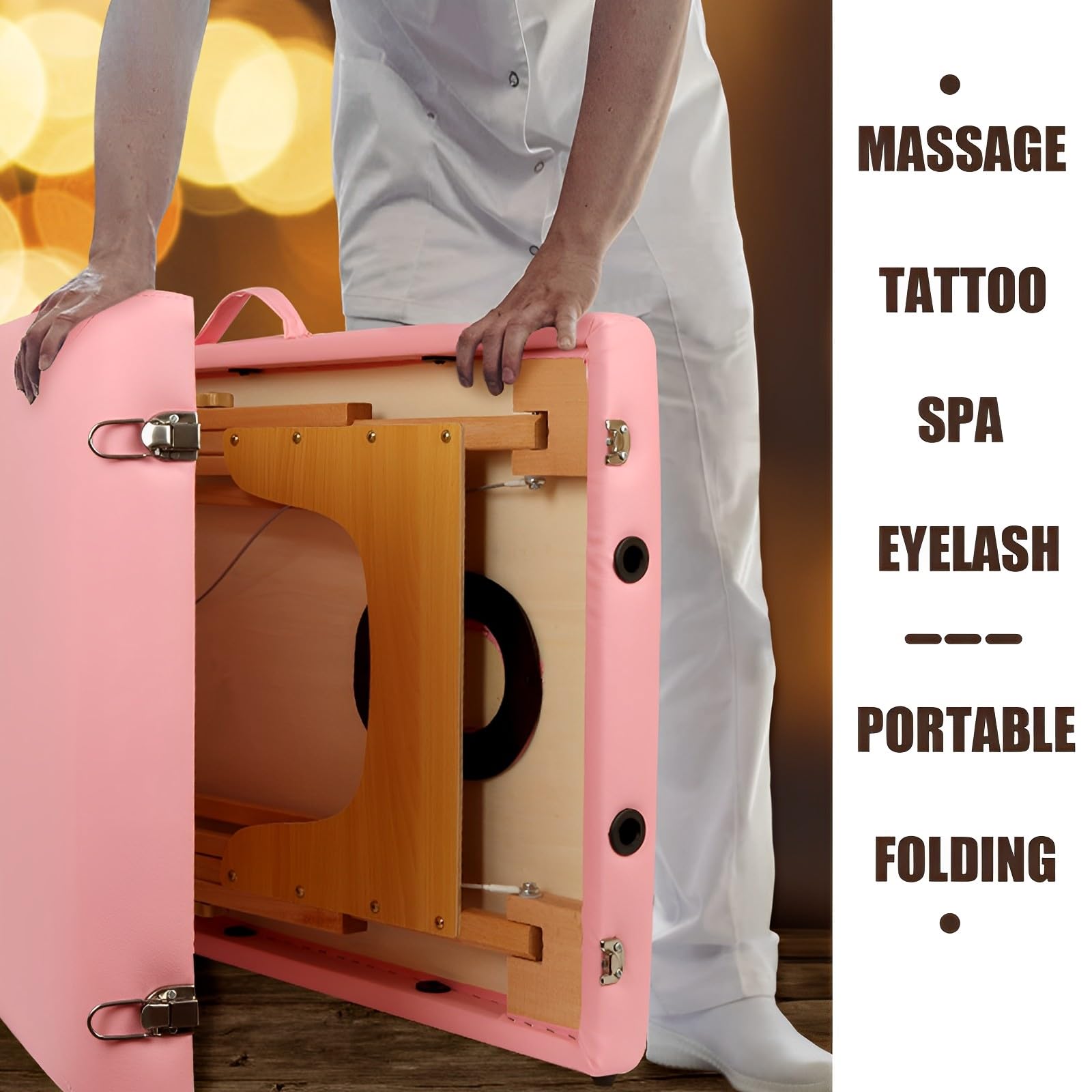 Camilla de Masaje Plegable - 2-Zona Madera Camilla Estetica Portatil para Fisioterapia y Tatuaje (Rosa)