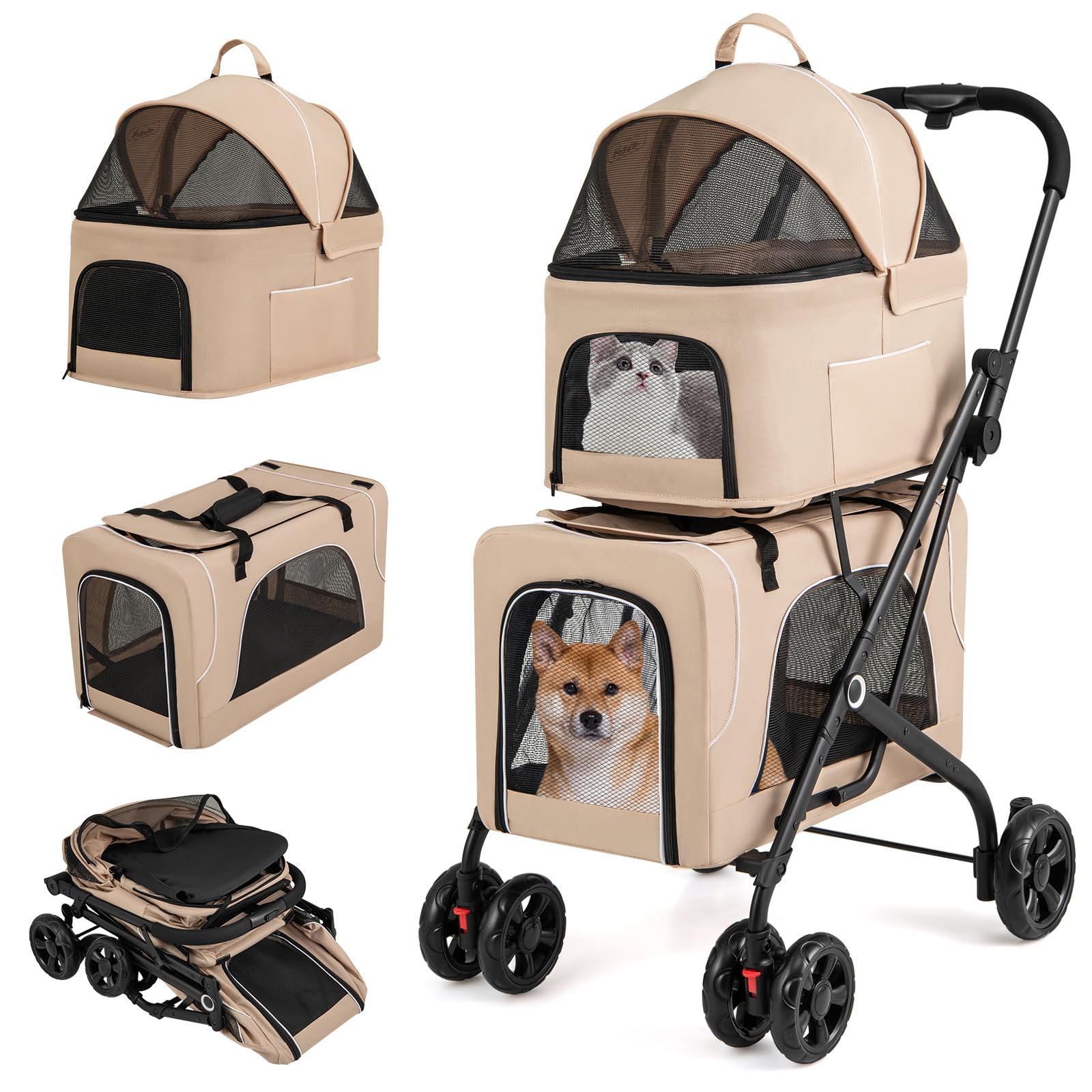 GOPLUS Carrito para Perros Plegable de 2 Niveles, Cochecito para Mascotas 3 en 1 con 2 Compartimentos Desmontables, Carro de Viaje para Gatos, Ruedas con Freno, Cojin Desmontable, 67×98×88cm (Beige)