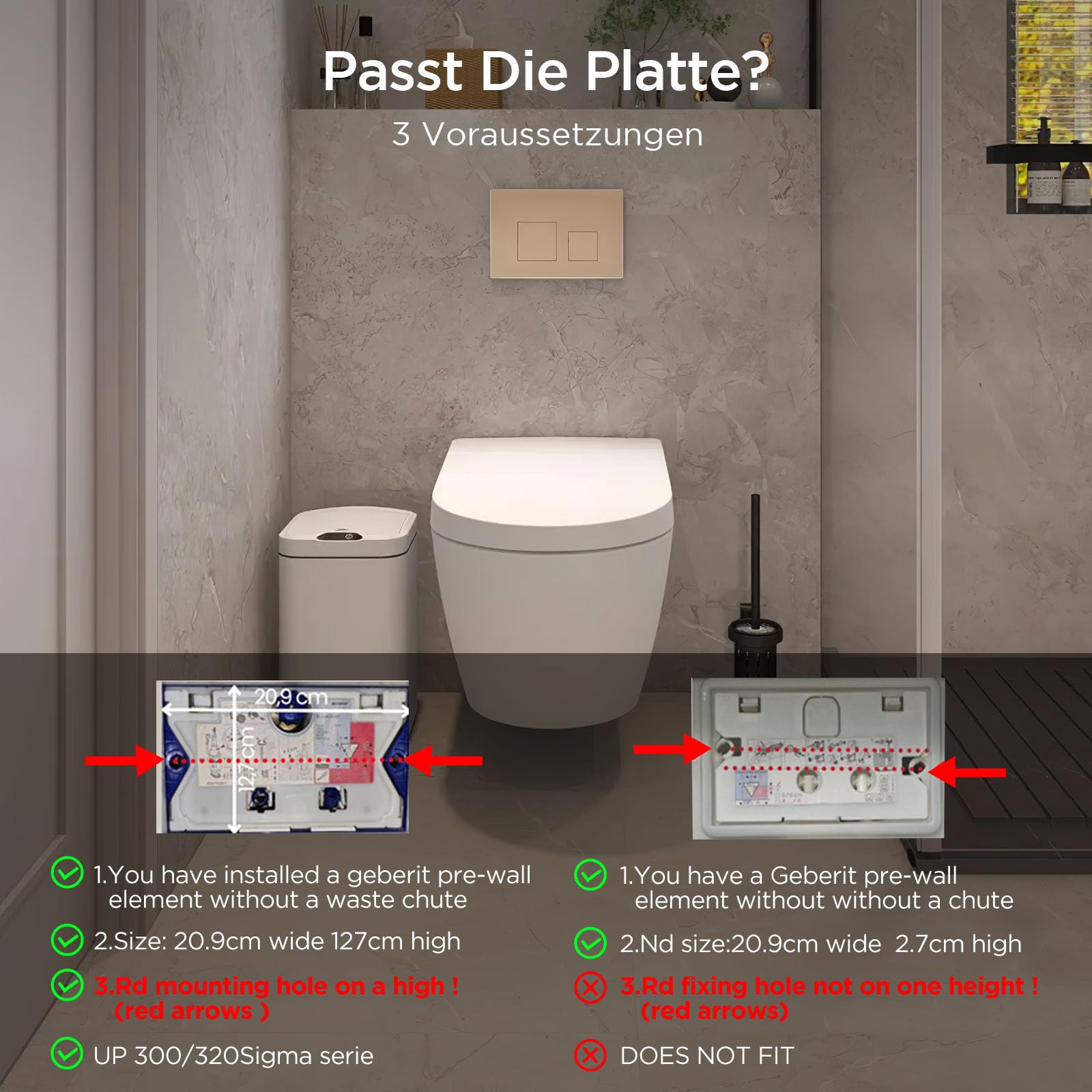 Piastra di controllo WC sospesa, compatibile con Geberit Sigma 20, UP300 & UP320, con sistema a doppia caccia, silenziosa, durevole e a risparmio di acqua