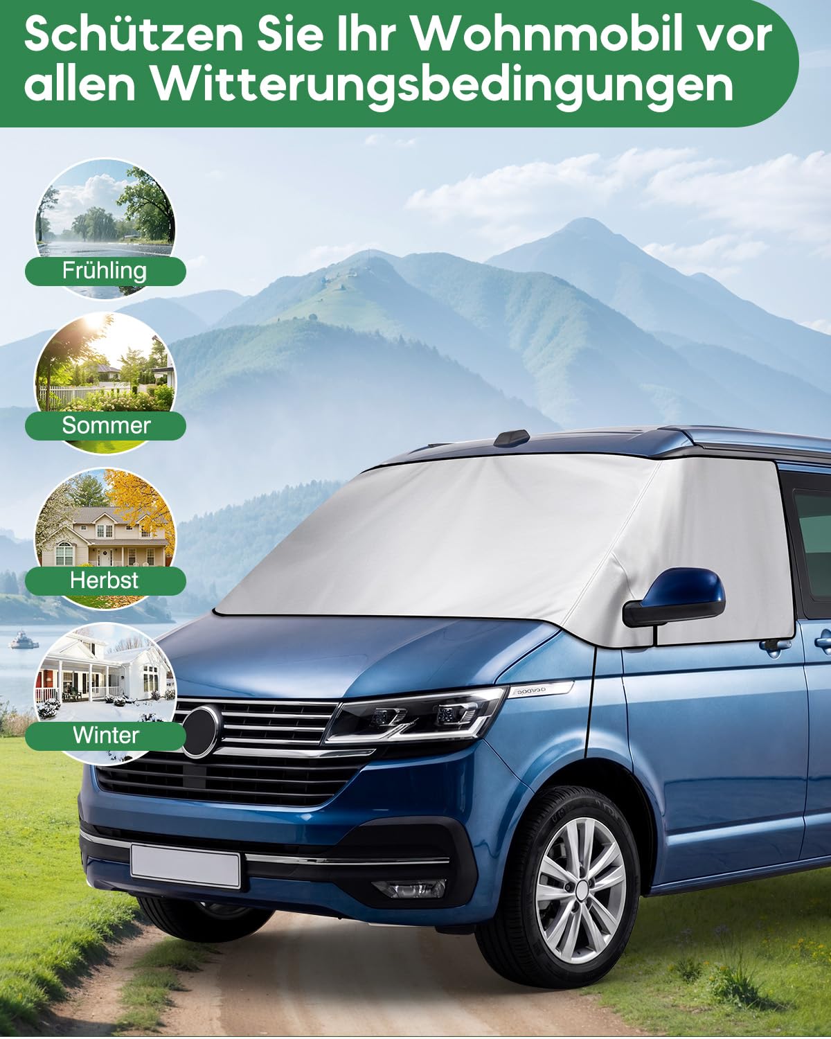 Couverture Pare-Brise Camping Car pour Volkswagen T5 T6 (2003-2022), Protège Pare-Brise Extérieur en 600D avec Doublure Douce, Imperméable & Anti-UV