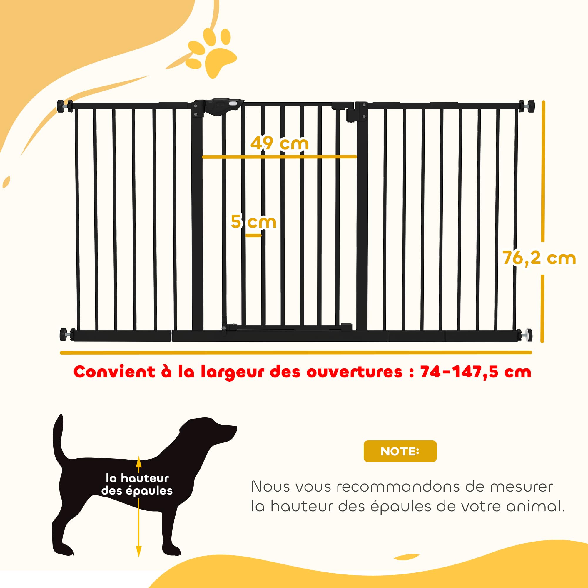 PawHut Barrière de sécurité Animaux 74-148 x 76,2 cm avec Porte Fermeture Automatique système de Double Verrouillage sans perçage avec 3 Extensions Noir