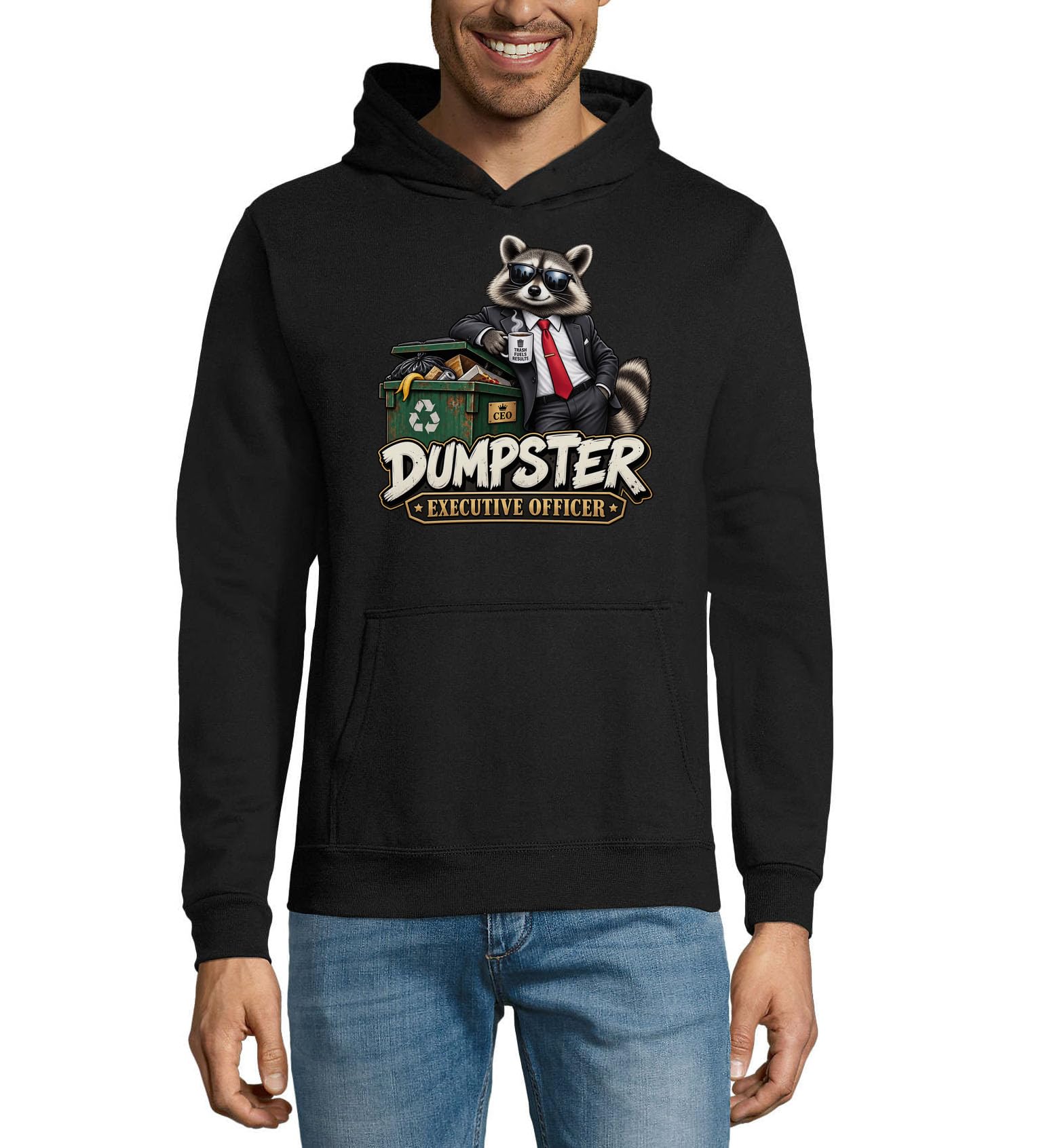 Raccoon CEO with Coffee by Dumpster Unisex Bluza z kapturem z mieszanki bawełny Czarna
