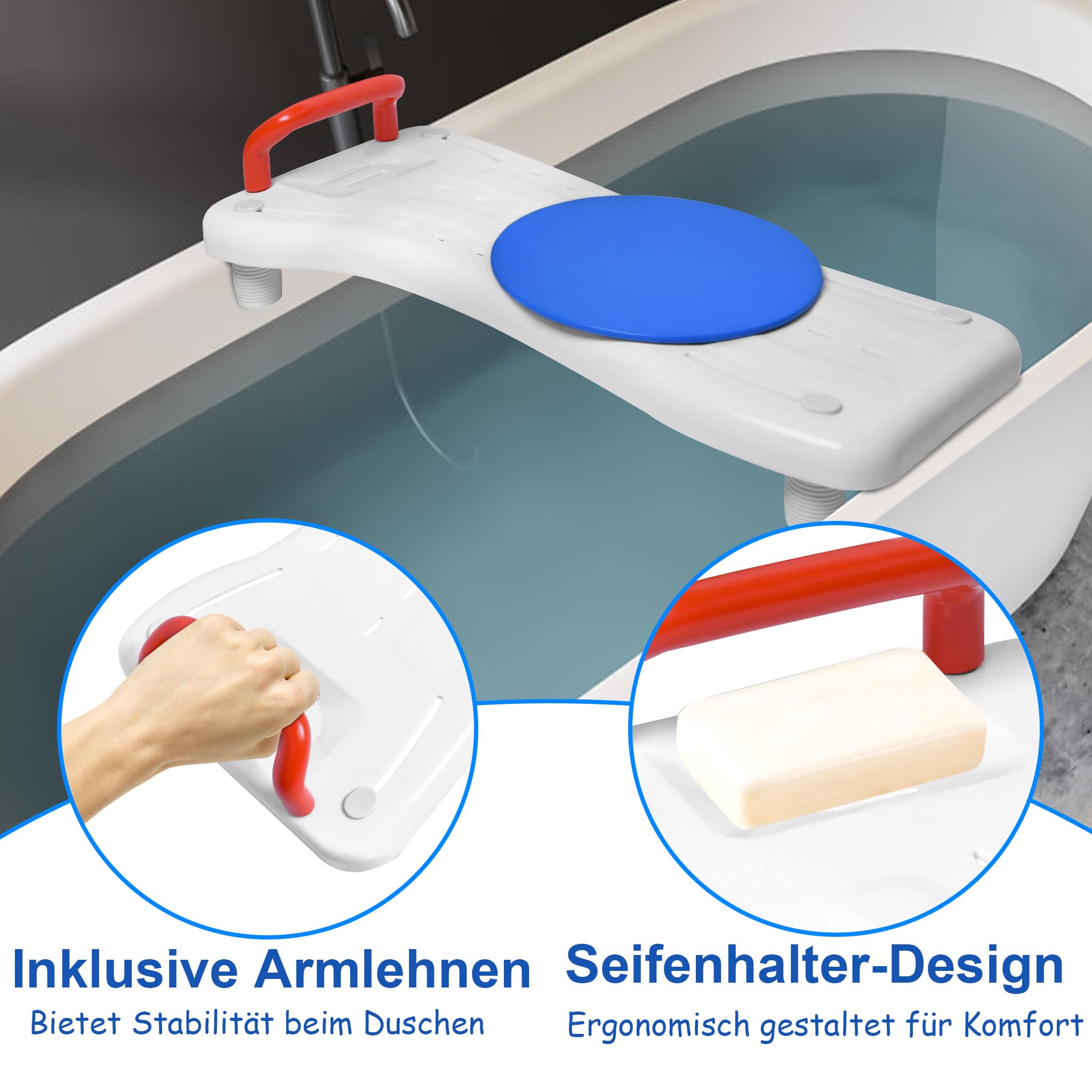 75,5x34cm Badewannenbrett mit Drehscheibe Badewannensitz für Senioren Einstellbar 41-63cm Wannensitz Sitzbrett Wannenbrett für Badewanne Duschbrett Stuhl für Badezimmer -Rot Griff