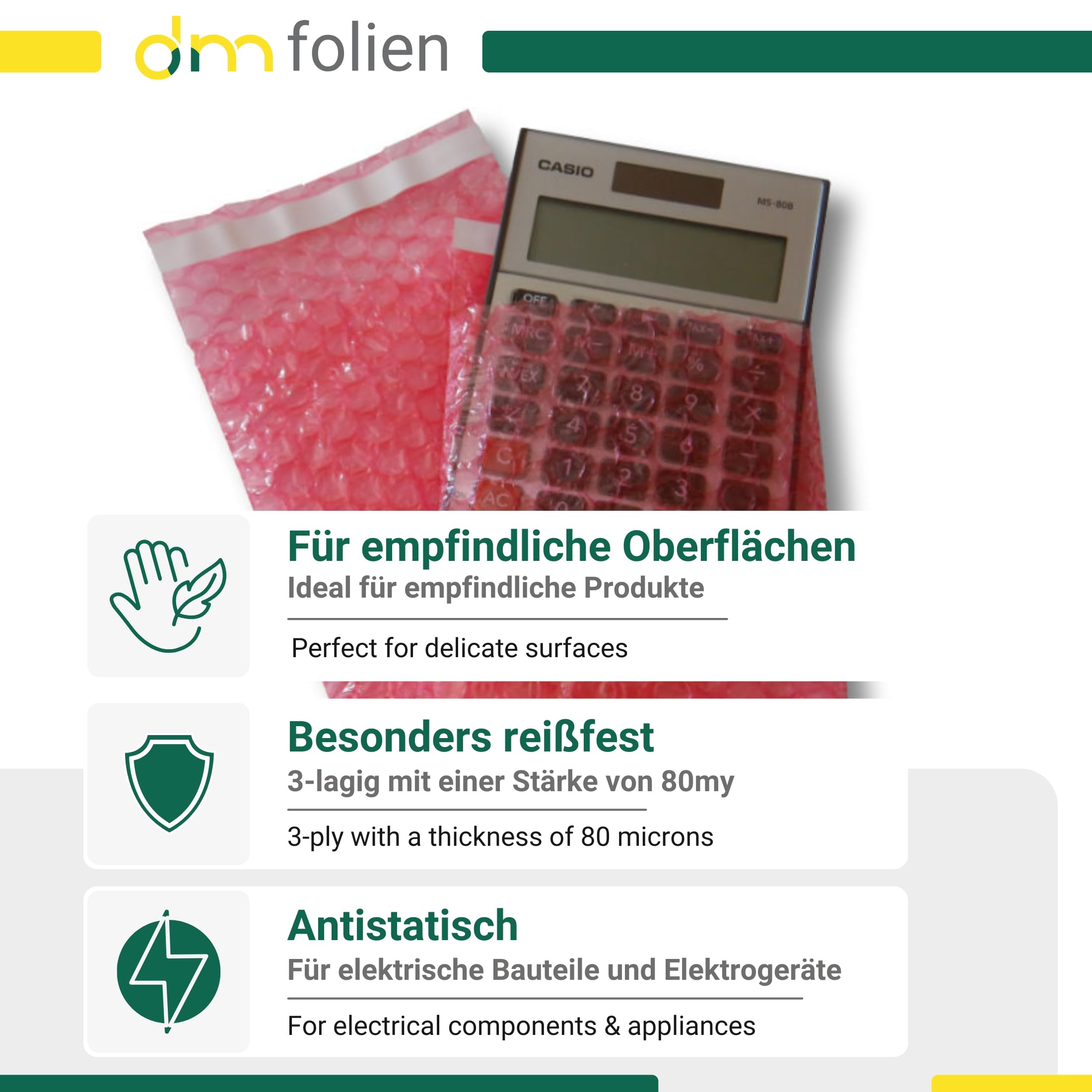 dm-folien Luftpolsterbeutel I 240 x 320 + 50 mm I 450 Stück I 80 µ I Antistatische Luftpolstertaschen mit Klebestreifen I 3-lagige Bubble Bag Versandtaschen ideal für Elektrogeräte