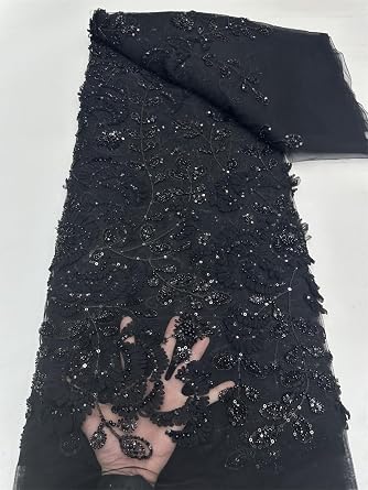 Luxury 3D Net Lace Fabric Embellished with Pearls Sequins and Beads Perfect for Bridal Gowns Formal Dresses and Various Occasions Attire Black,5 Yards