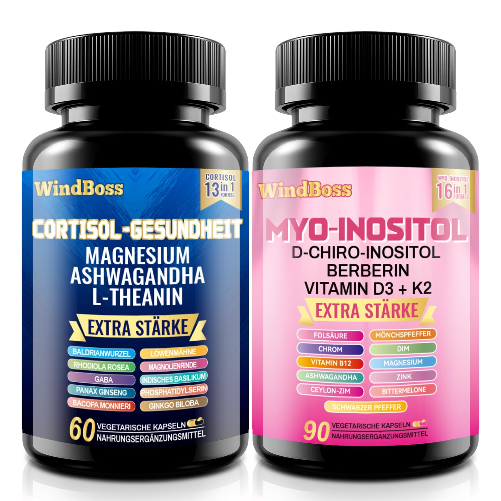 60 + 90 Kapseln Myo - Inosit & Cortisol - Komplex, Naturbelassen, Ohne Zusatzstoffe, Vegan